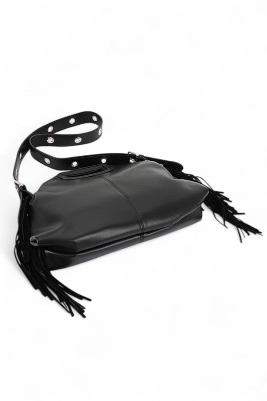 Leather Fringe Top Handle Convertible Shoulder Bag 