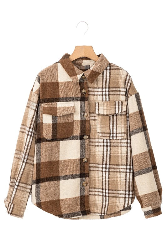 Beige Flannel Plaid Double Flap Pocket Shacket YNIQUE