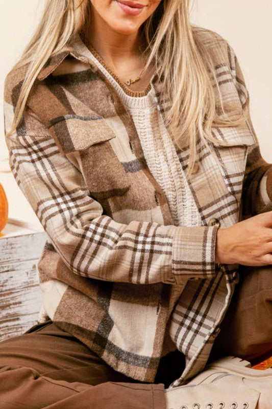 Beige Flannel Plaid Double Flap Pocket Shacket YNIQUE