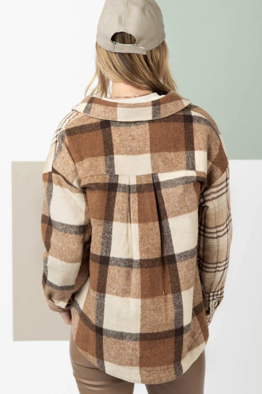 Beige Flannel Plaid Double Flap Pocket Shacket YNIQUE