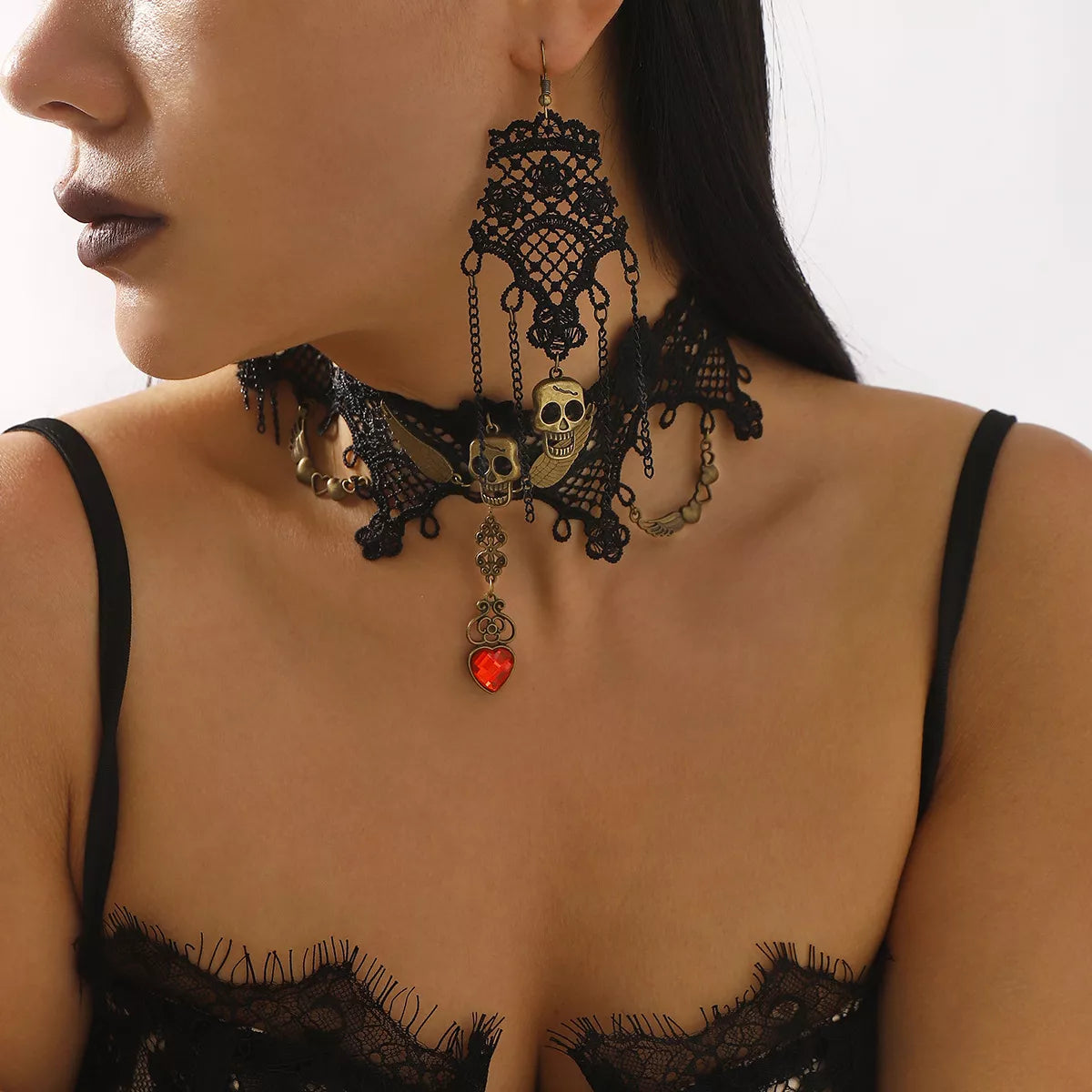 Halloween Lace Skull Necklace and Earrings Jewelry Set Trendsi