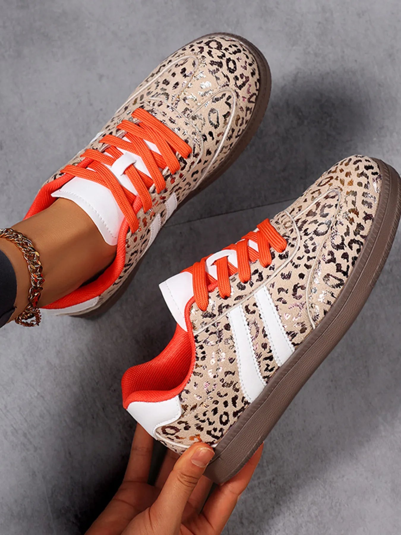 Leopard Print Stripe Detail Lace-up Sneakers Trendsi