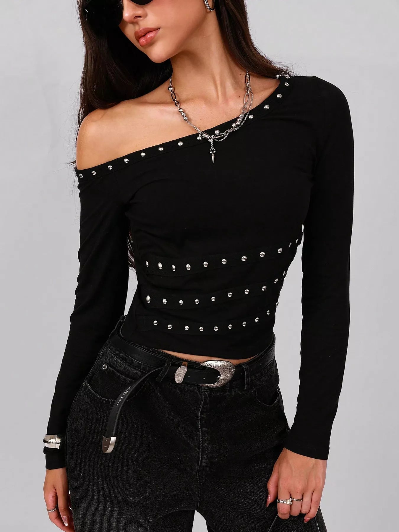 Studded One Shoulder Long Sleeve T-Shirt Trendsi