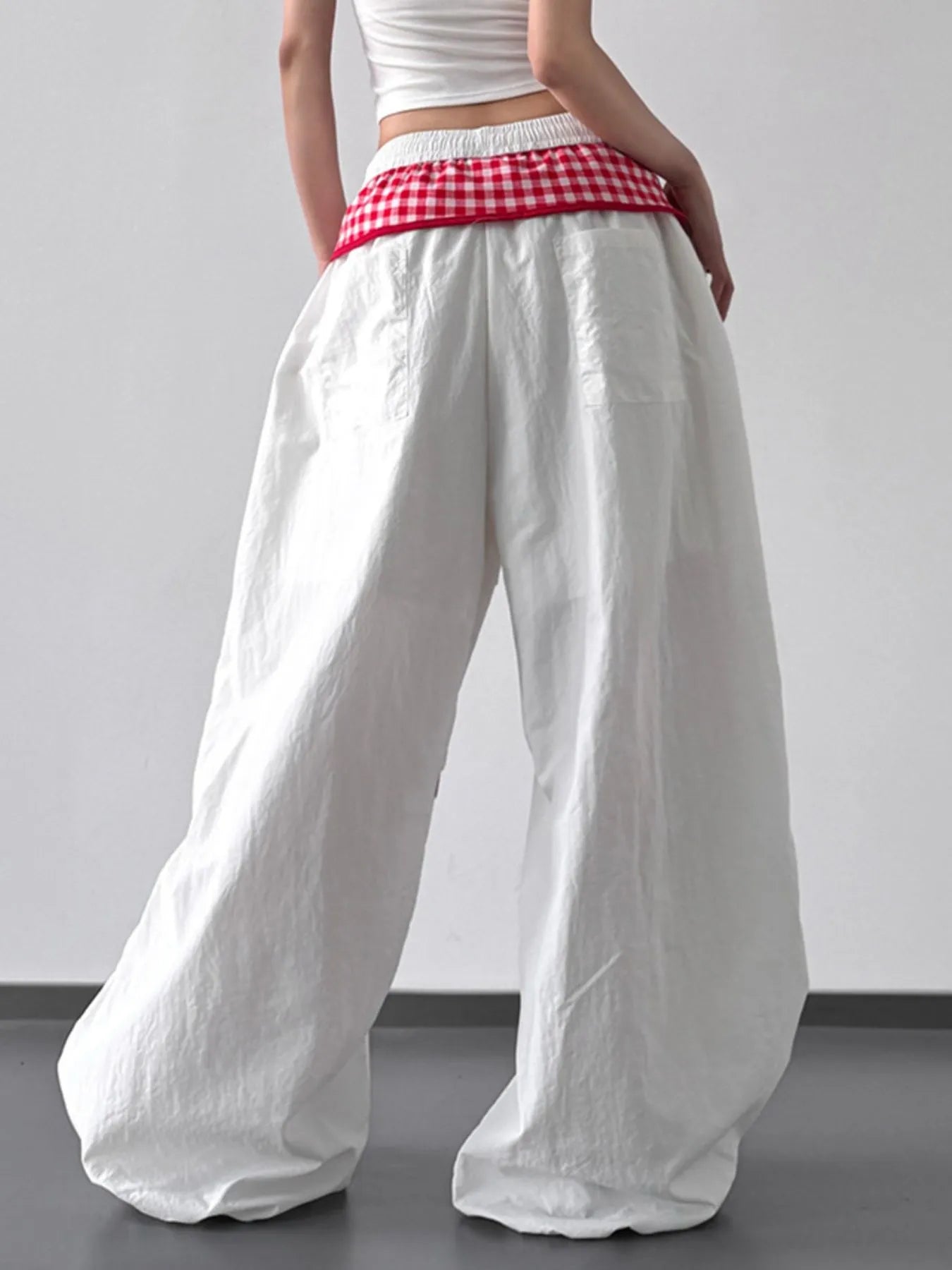 Wide Leg Pants with Checkered Detail 