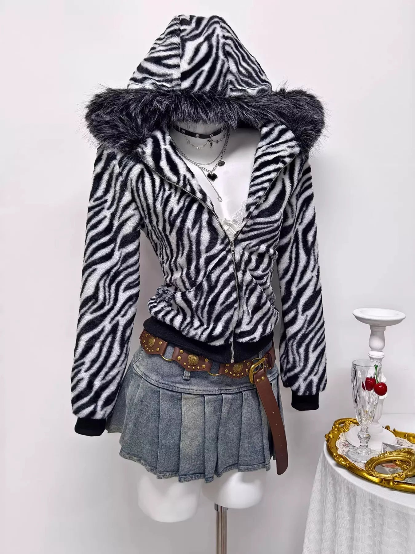 Zebra Faux Fur Hooded Zip-Up Outerwear 