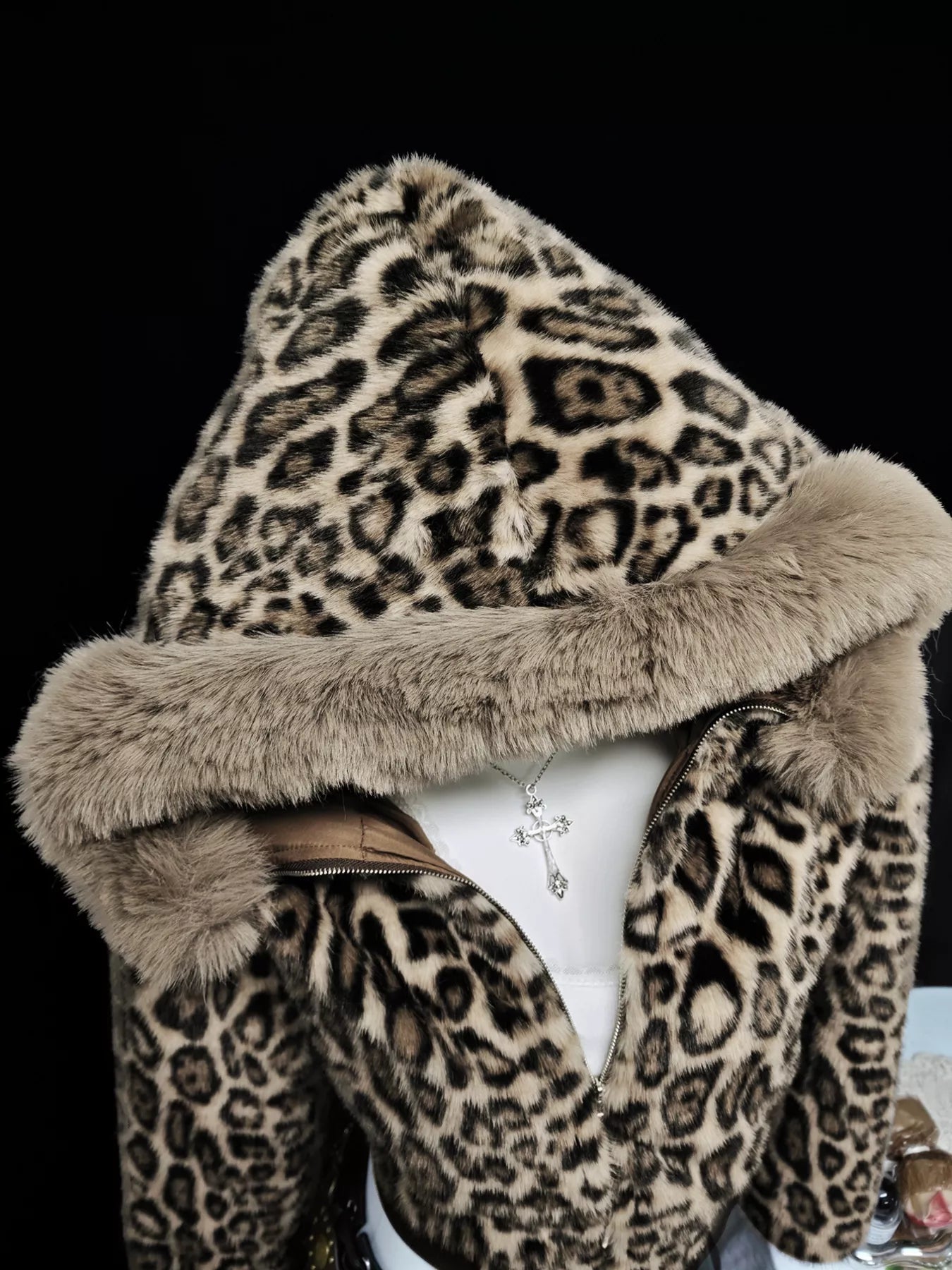 Leopard Faux Fur Hooded Outerwear 