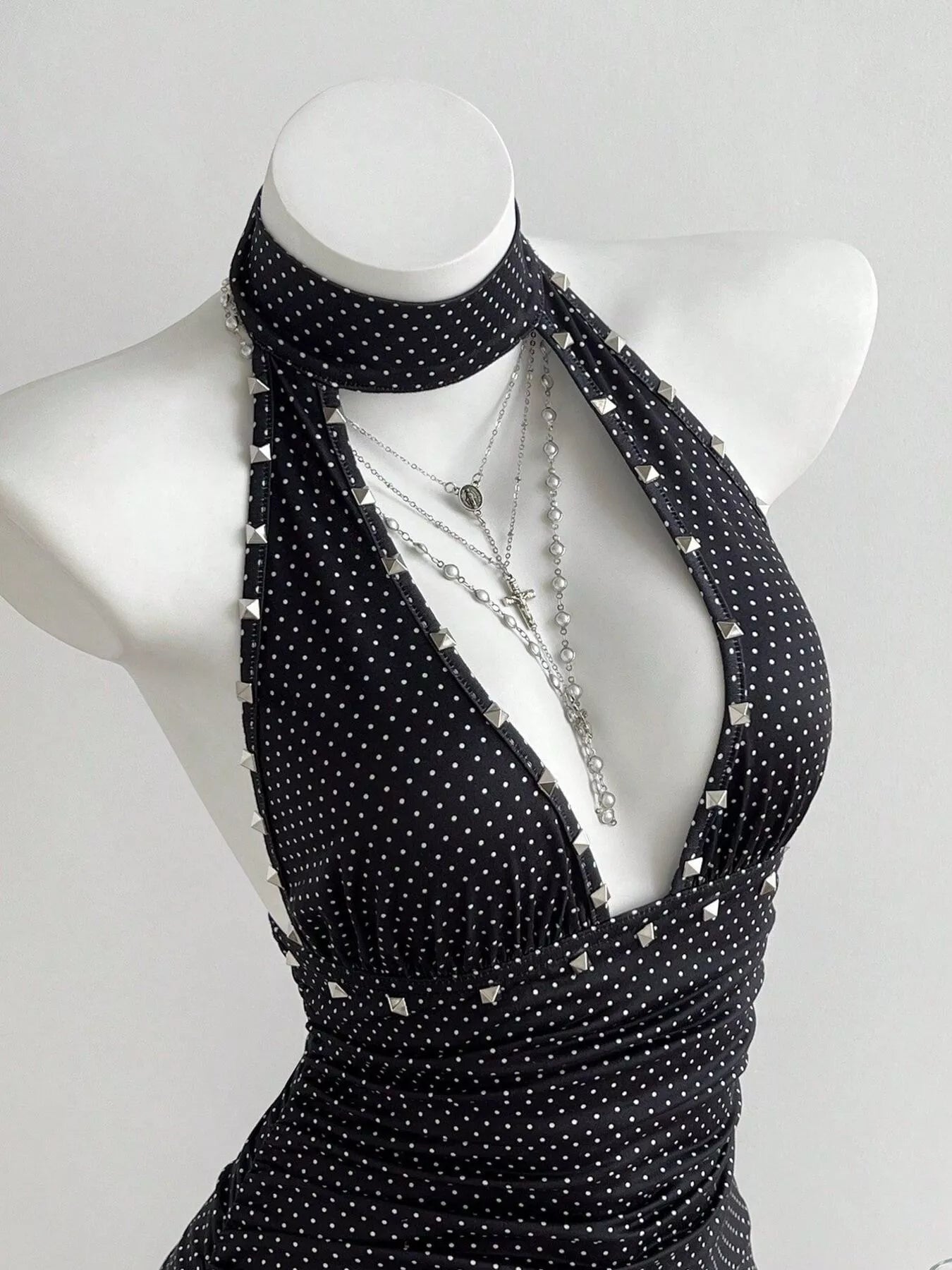 Polka Dot Cutout Front Halter Neck Dress Trendsi