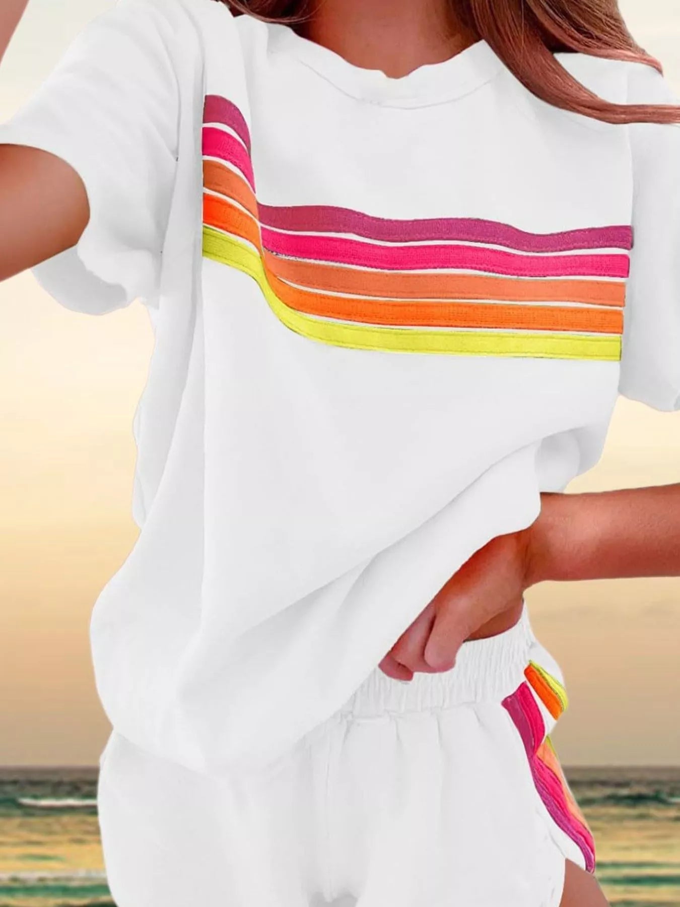 Rainbow Striped Round Neck Top and Shorts Set Trendsi