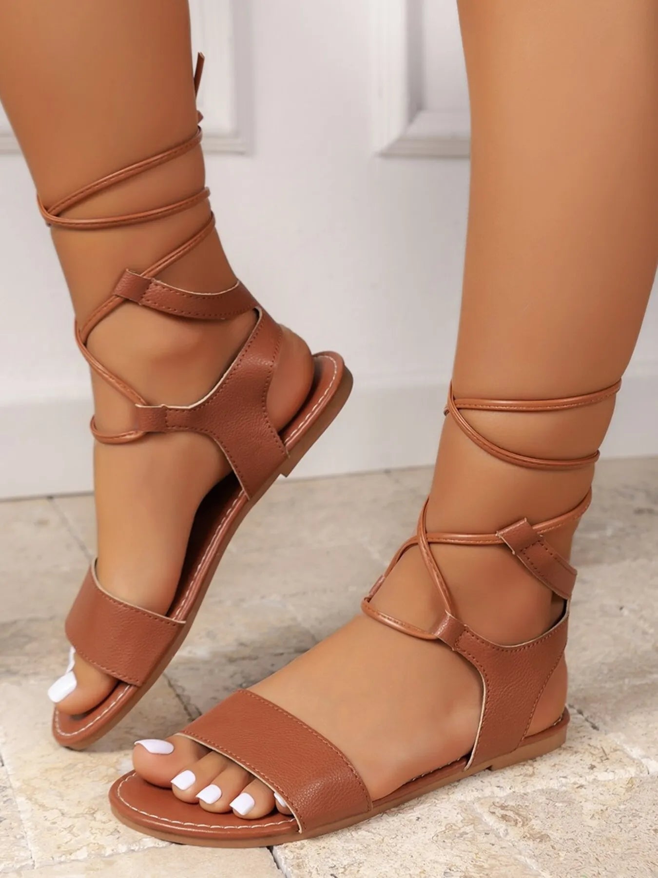 Open Toe Lace-Up Flat Sandals 