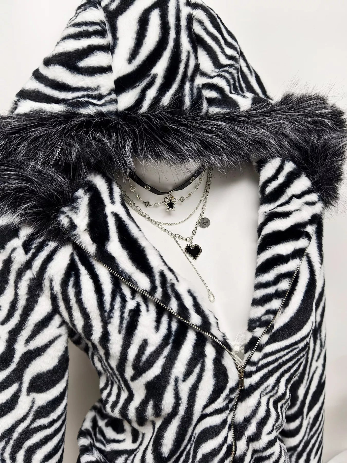Zebra Faux Fur Hooded Zip-Up Outerwear 