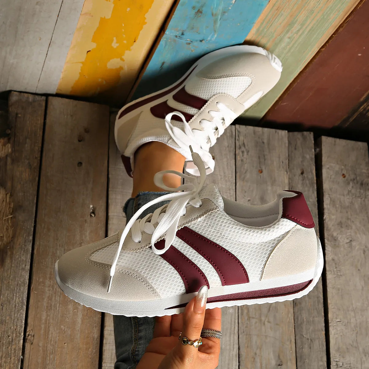 Striped Contrast Mesh Lace Up Sneakers 