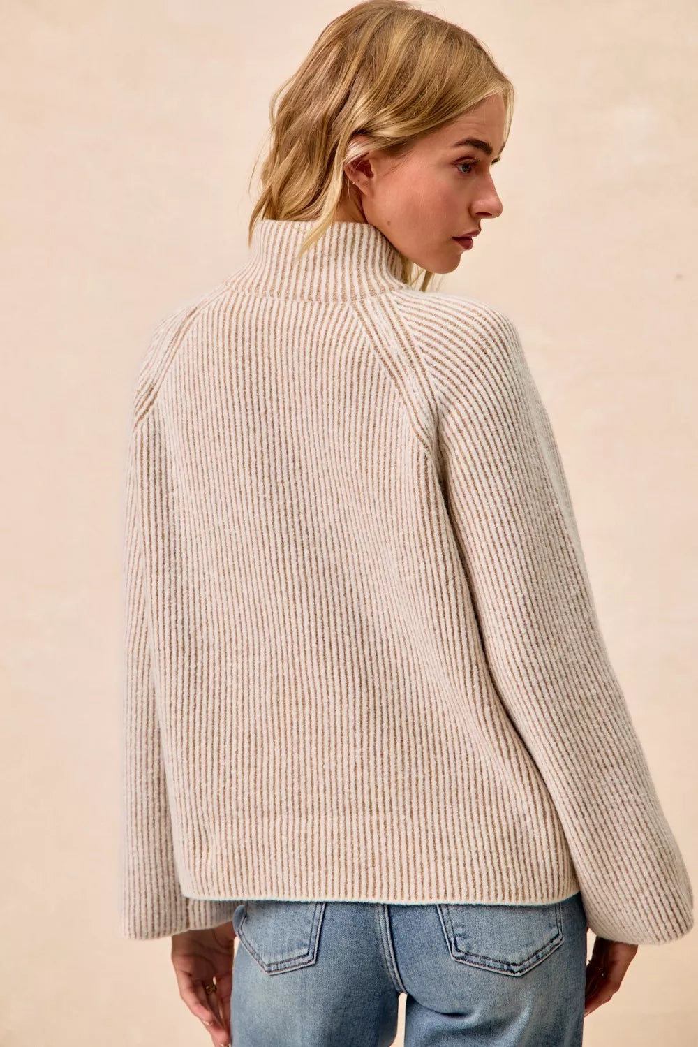 BiBi Two Tone Rib Texured Knit Collared Top with Zip Up Trendsi