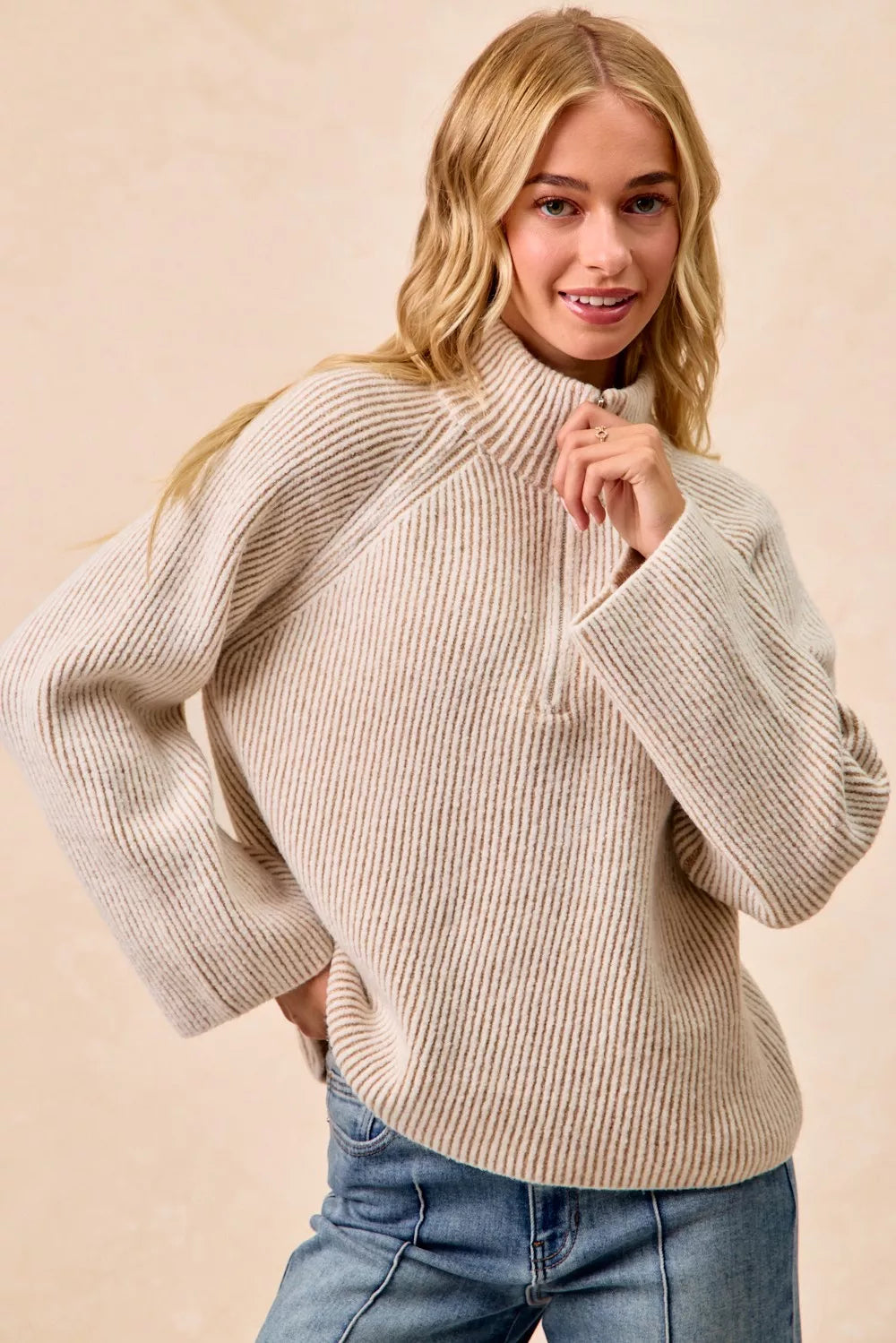 BiBi Two Tone Rib Texured Knit Collared Top with Zip Up Trendsi