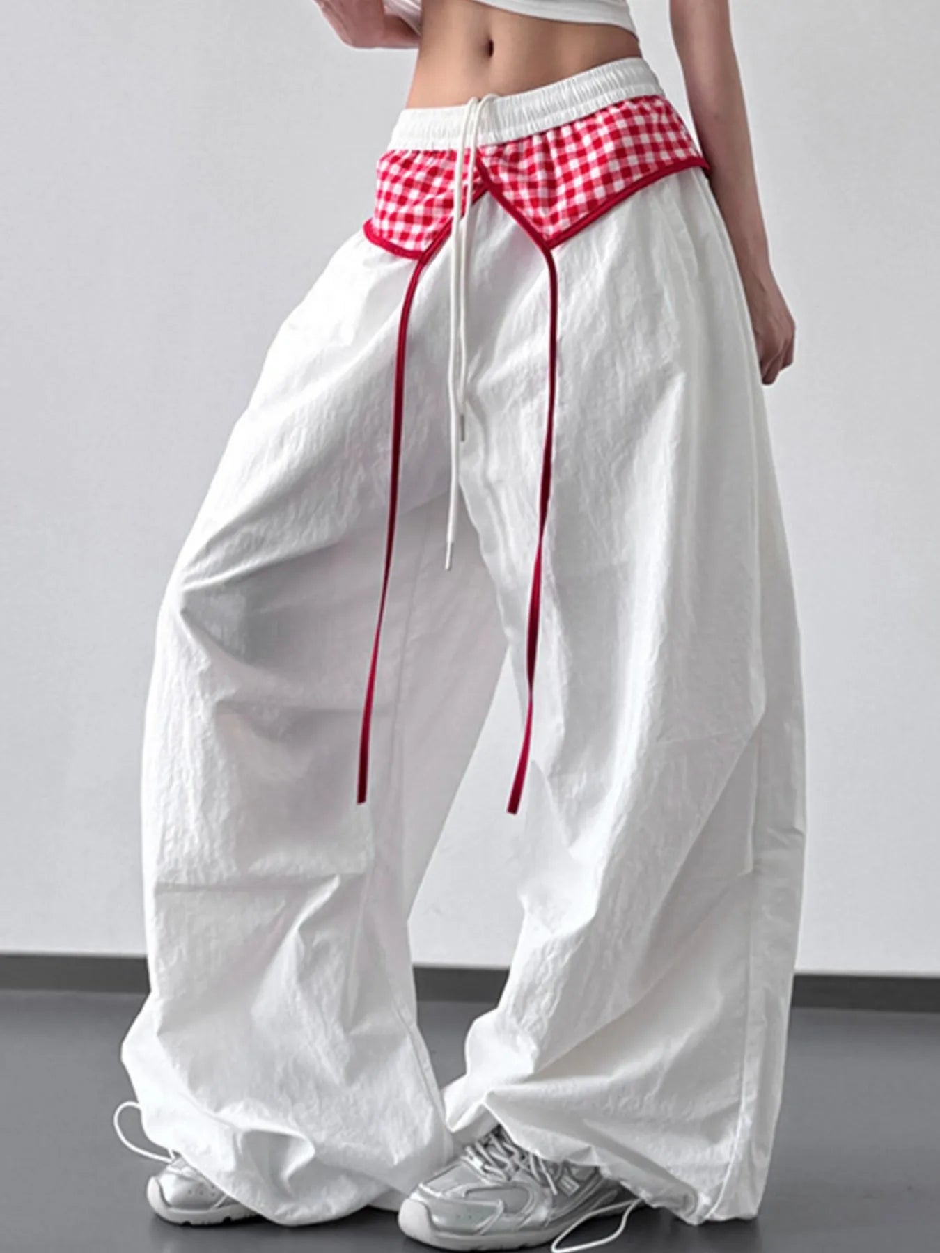 Wide Leg Pants with Checkered Detail 