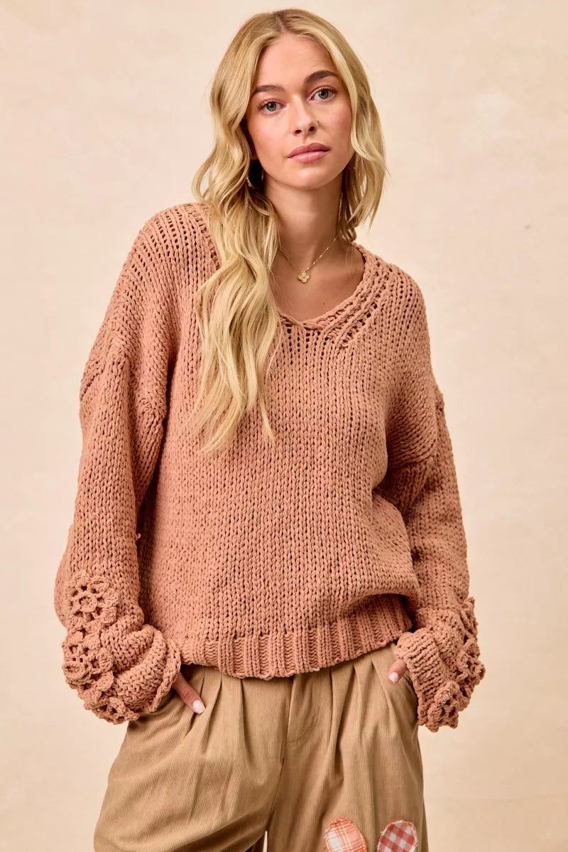BiBi Chunky Knit Sweater with Flower Detail Sleeves Trendsi