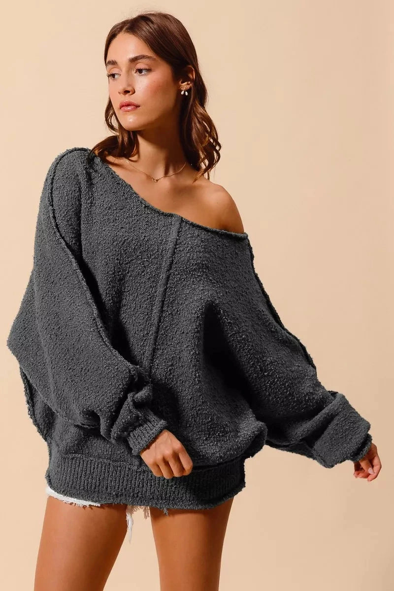 SO ME Loose Fit Exposed Seam Slouchy Boucle Sweater 