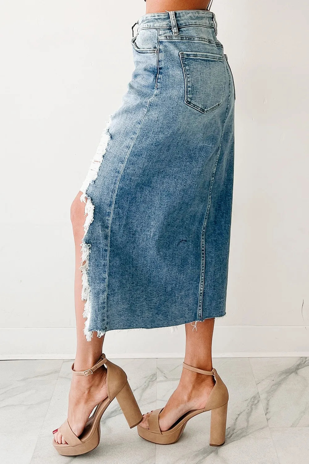 Distressed Asymmetrical Denim Skirt with Frayed Hem Trendsi