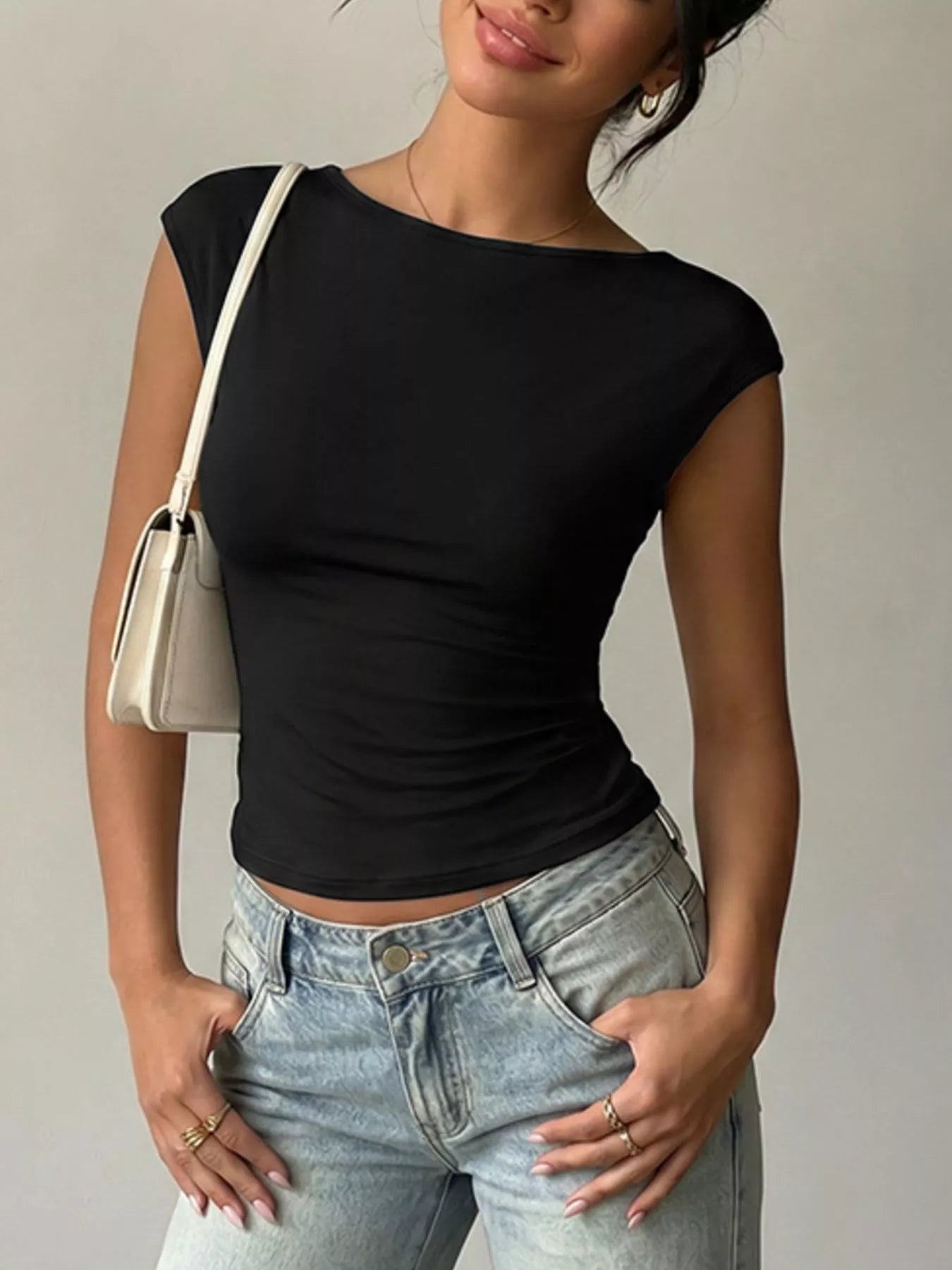 Lace Detail Cap-Sleeve T-Shirt 