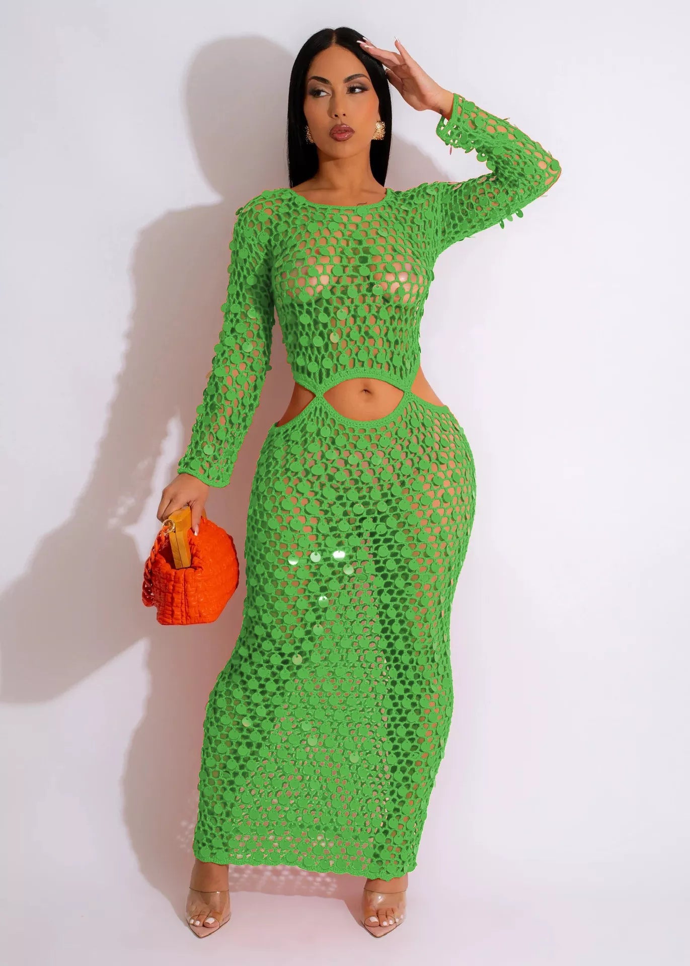 Sequin Mesh Cutout Maxi Dress 