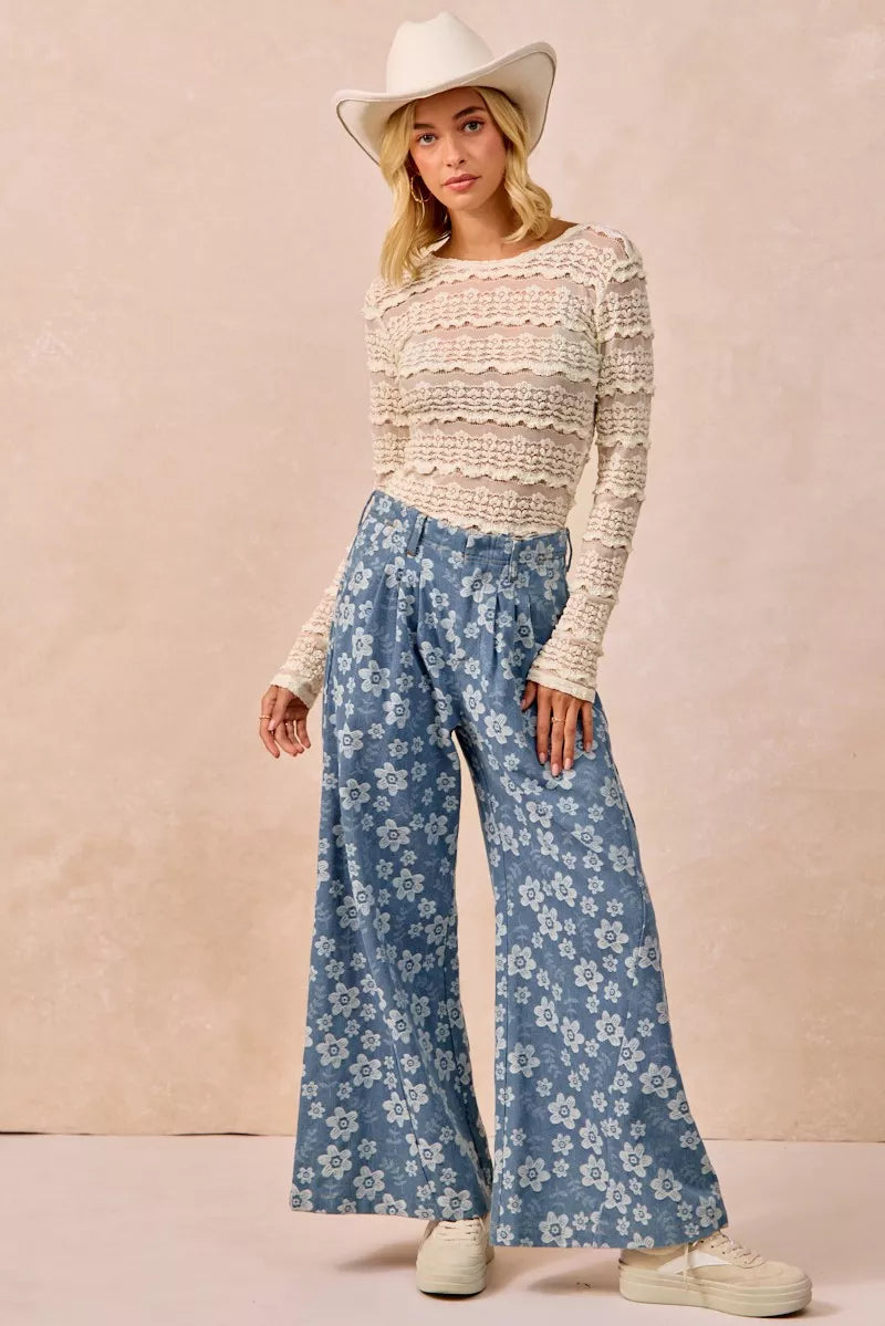 BiBi Ruffles Detail Flower Lace Top Trendsi