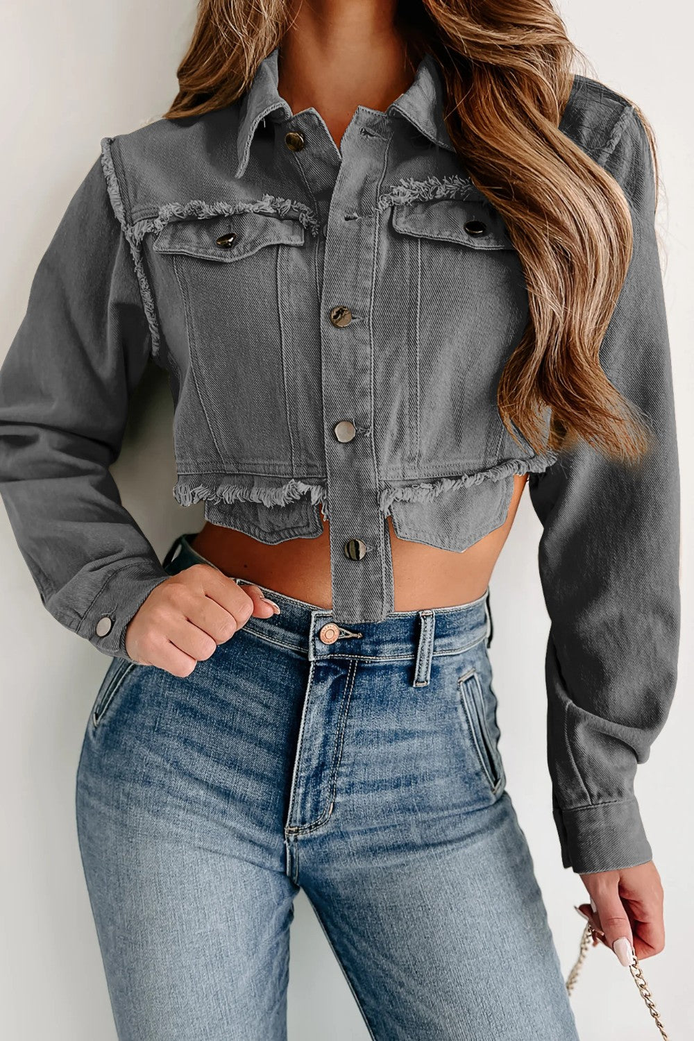 Raw Hem Button Up Cropped Denim Top Trendsi