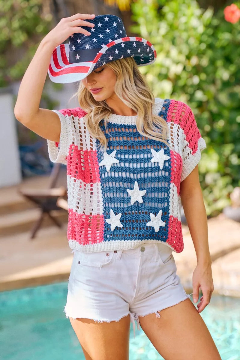BiBi Crochet Star Patches 4th Of July Sweater Cover Up 