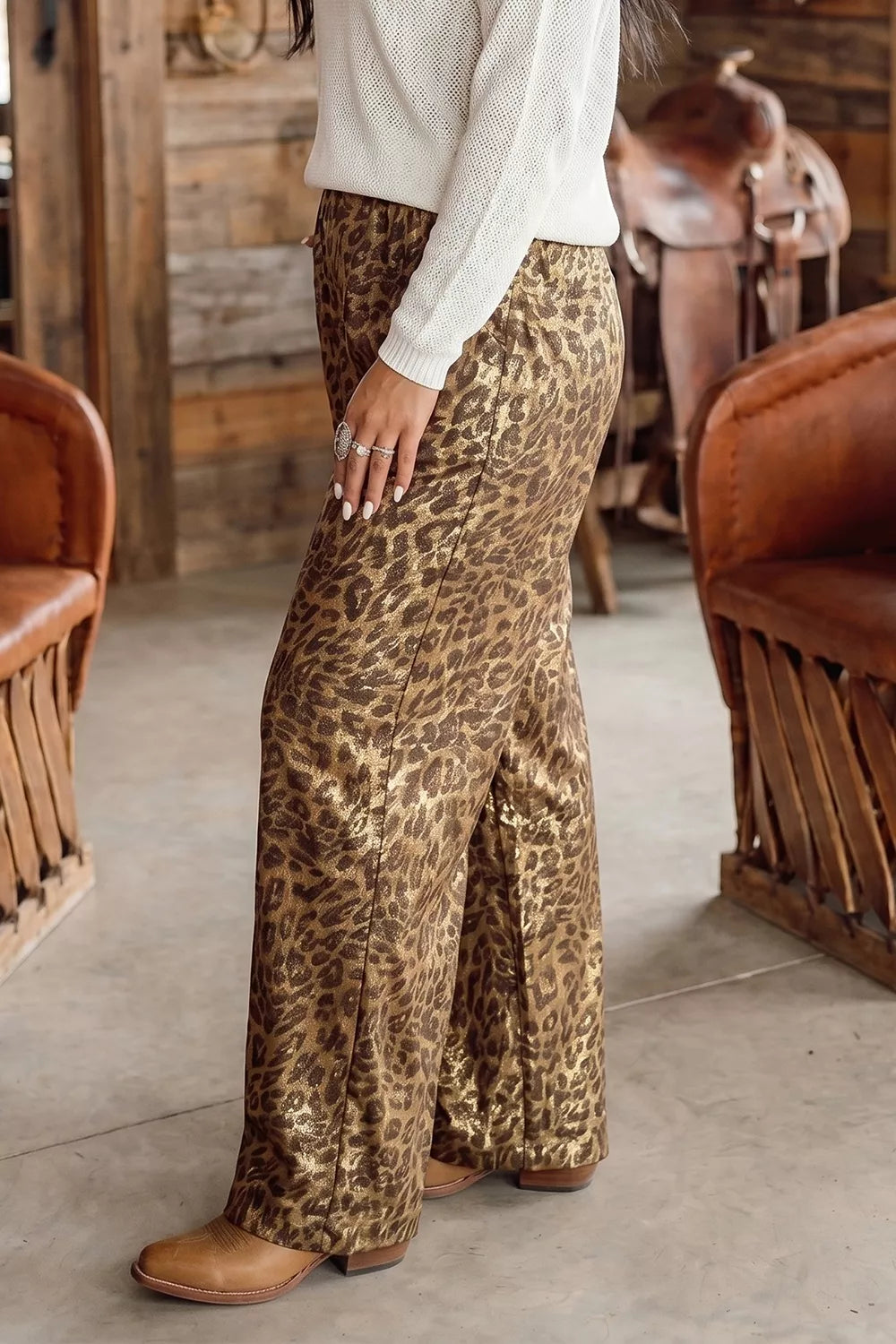 Multicolour Leopard Print Western Style Wide Leg Full Length Pants Trendsi