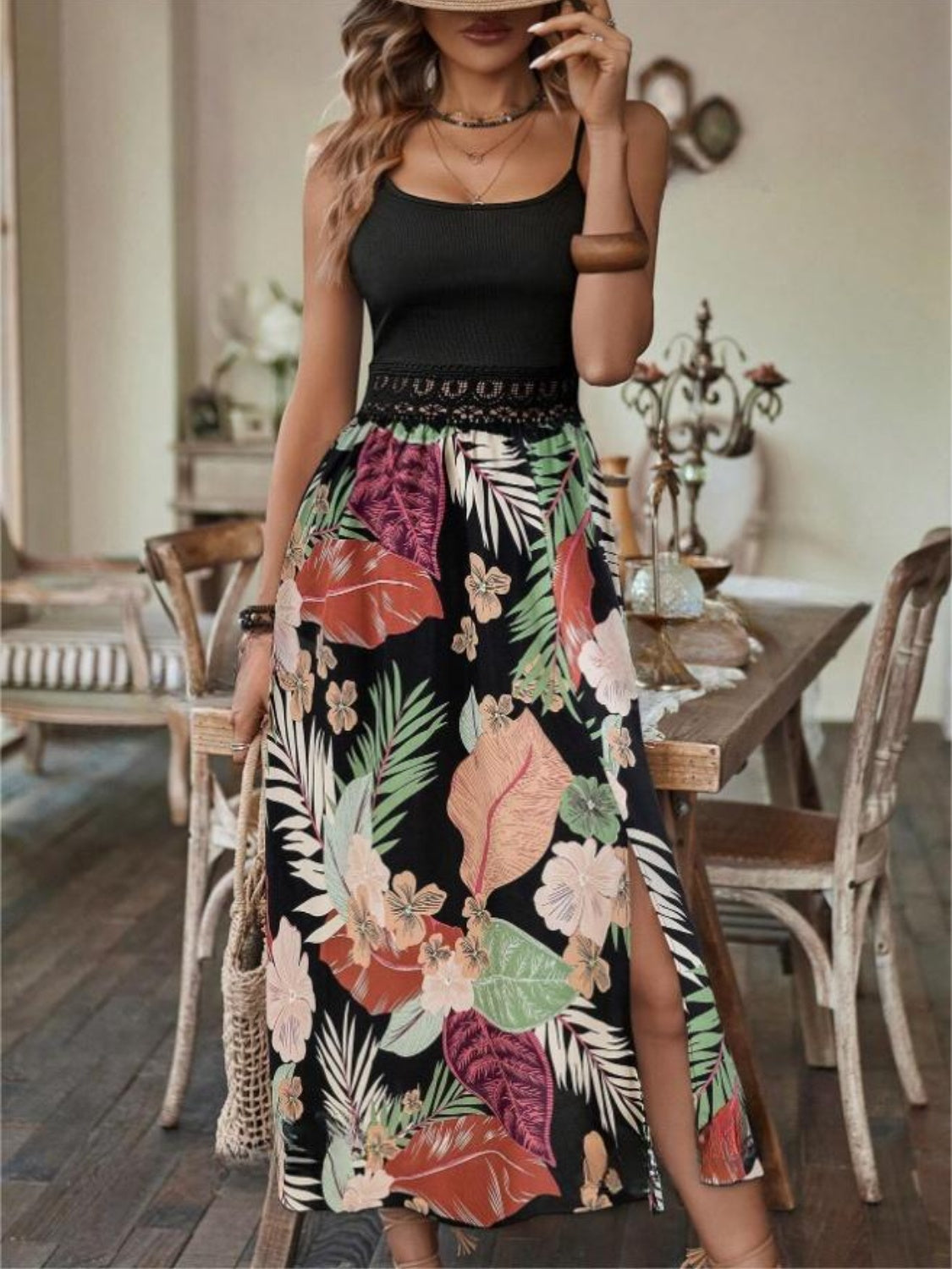 Slit Printed Scoop Neck Cami Dress Trendsi