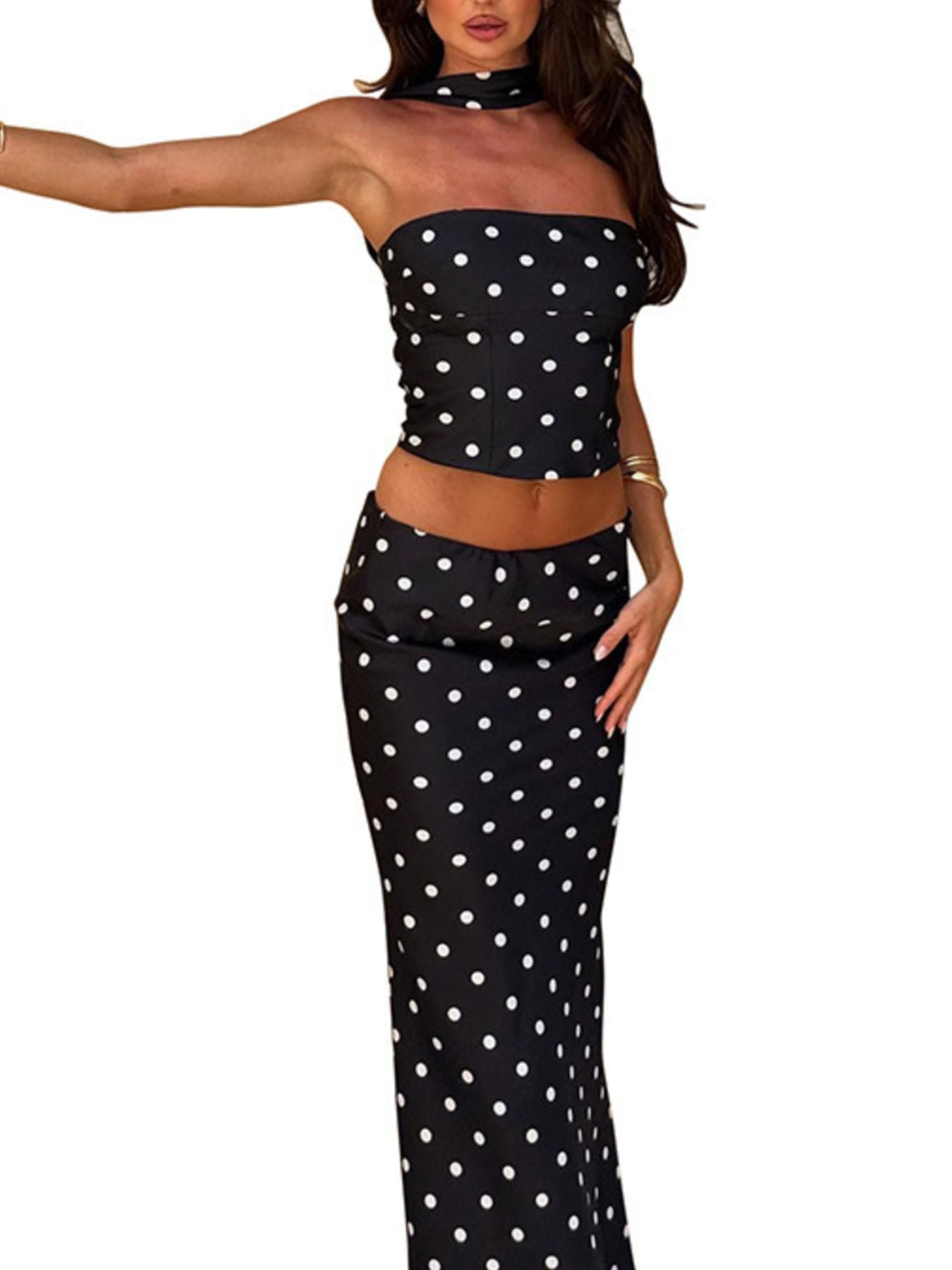 Polka Dot Tube Top and Maxi Skirt Set Trendsi