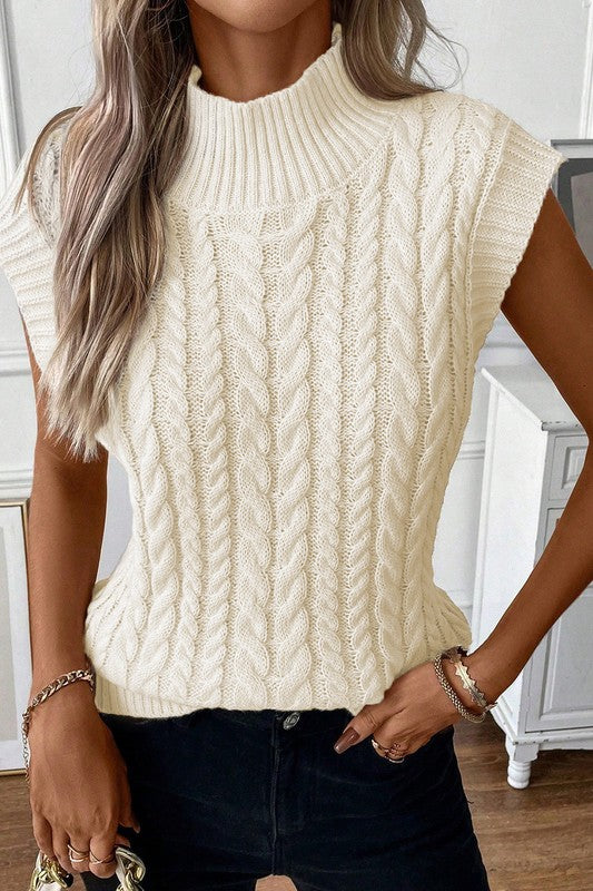 Women Oatmeal Cable Knit High Neck Sweater Vest 