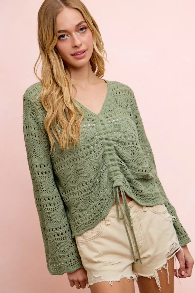 BiBi Pointelle Knit V Neck Ruched Front Lightweight Top Trendsi