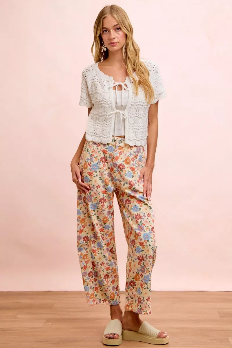 BiBi Washed Floral Printed Twill Barrel Pants Trendsi