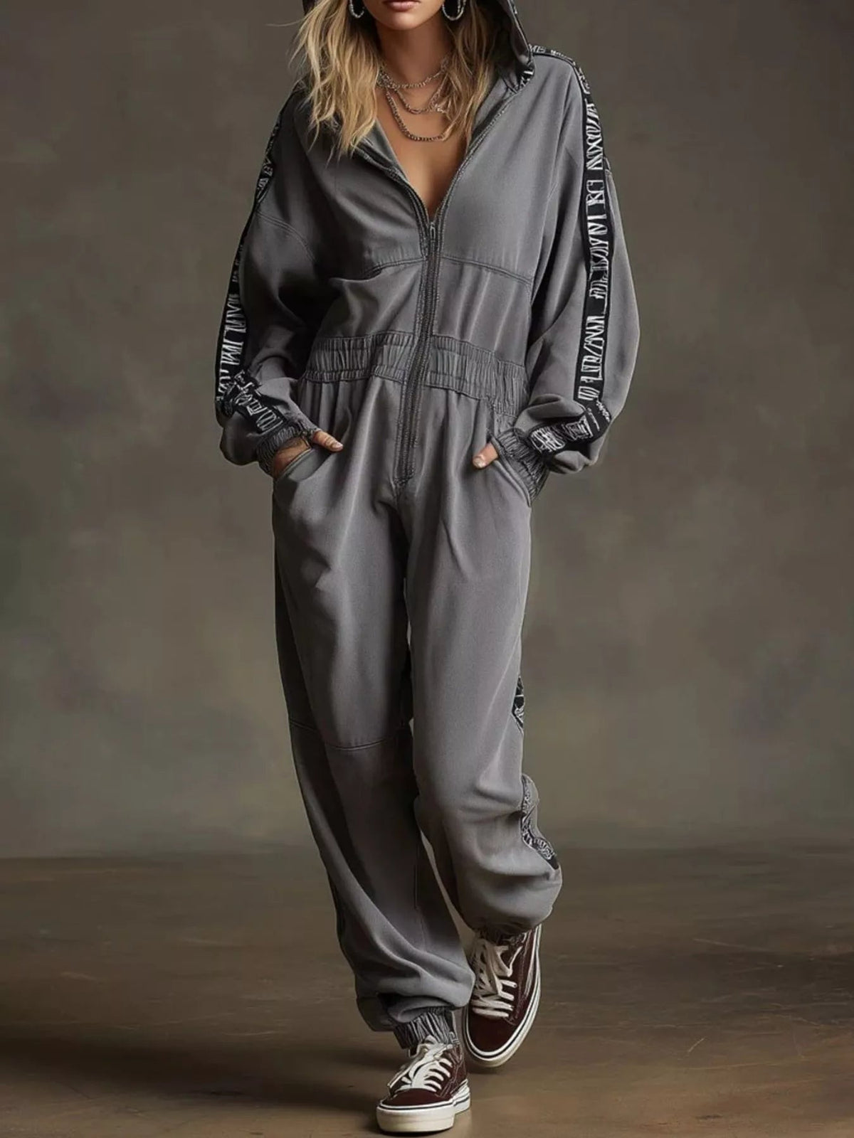 Zip-Up Long Sleeve Hooded Jumpsuit Trendsi
