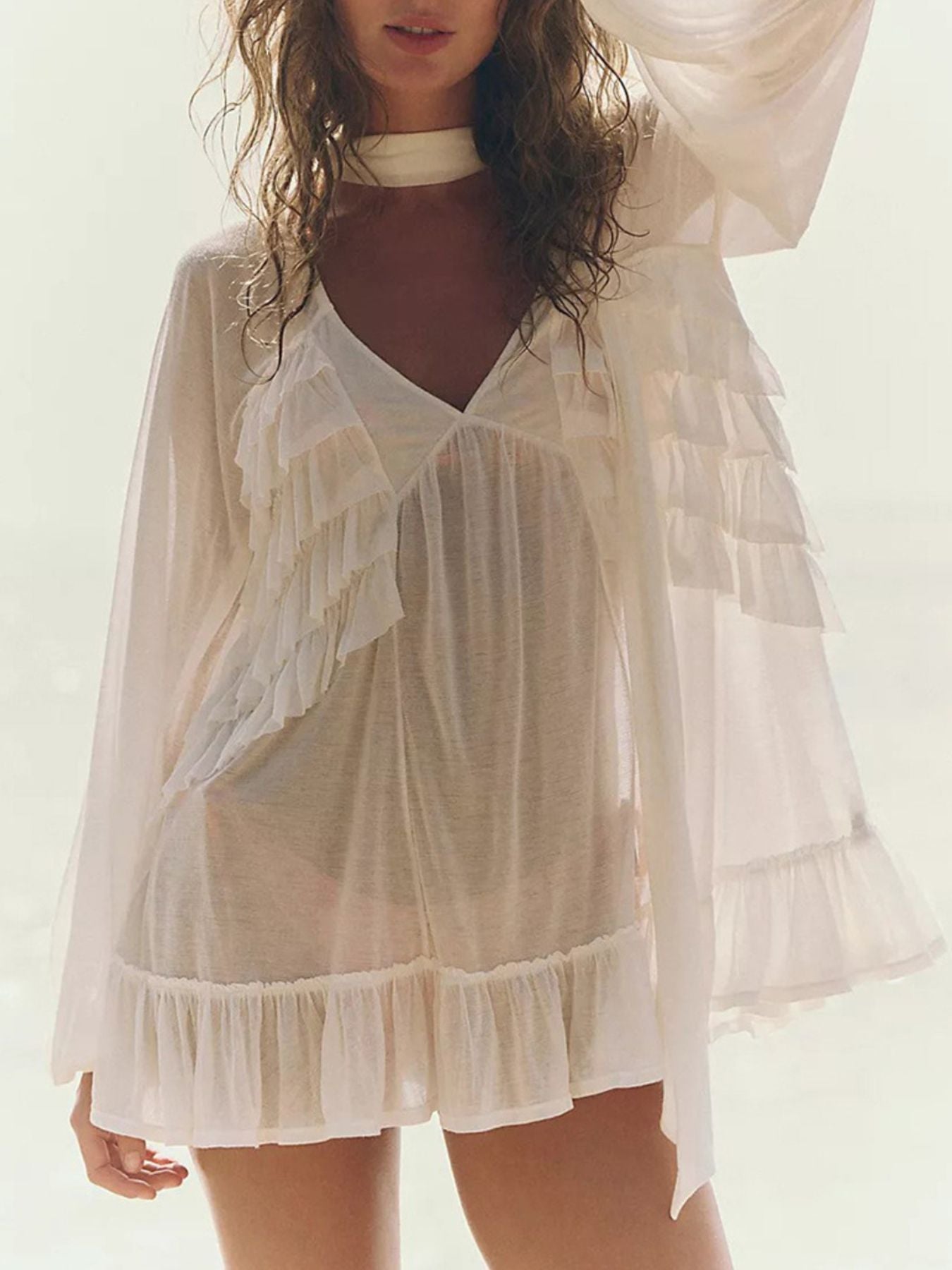 Sheer Ruffle Trim Beach Cover-Up 