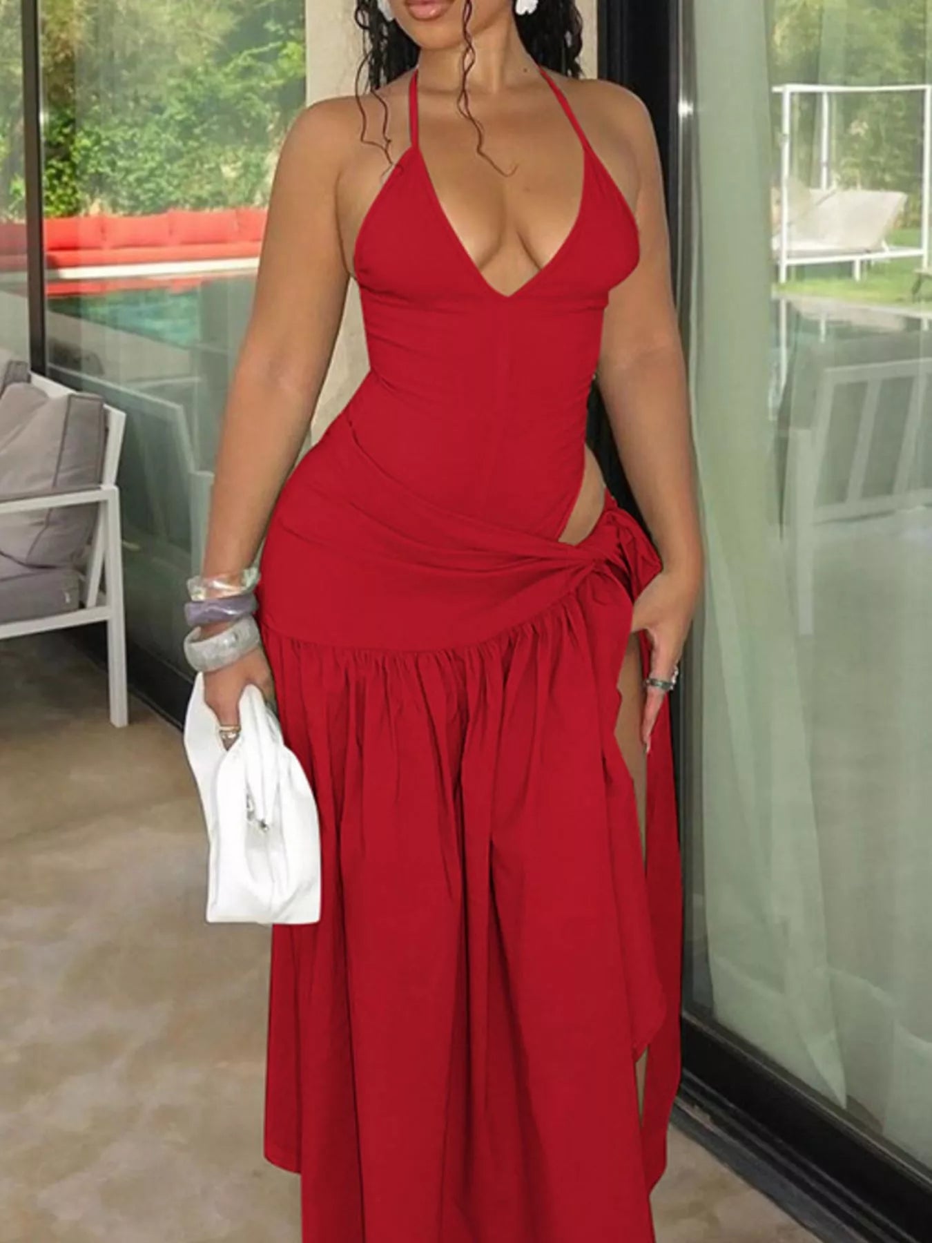 Halter Neck Ruched Bodysuit and Maxi Skirt Set Trendsi