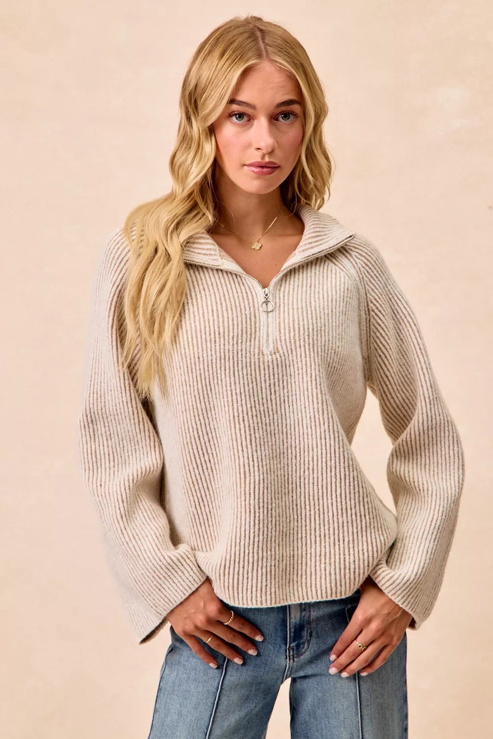 BiBi Two Tone Rib Texured Knit Collared Top with Zip Up Trendsi