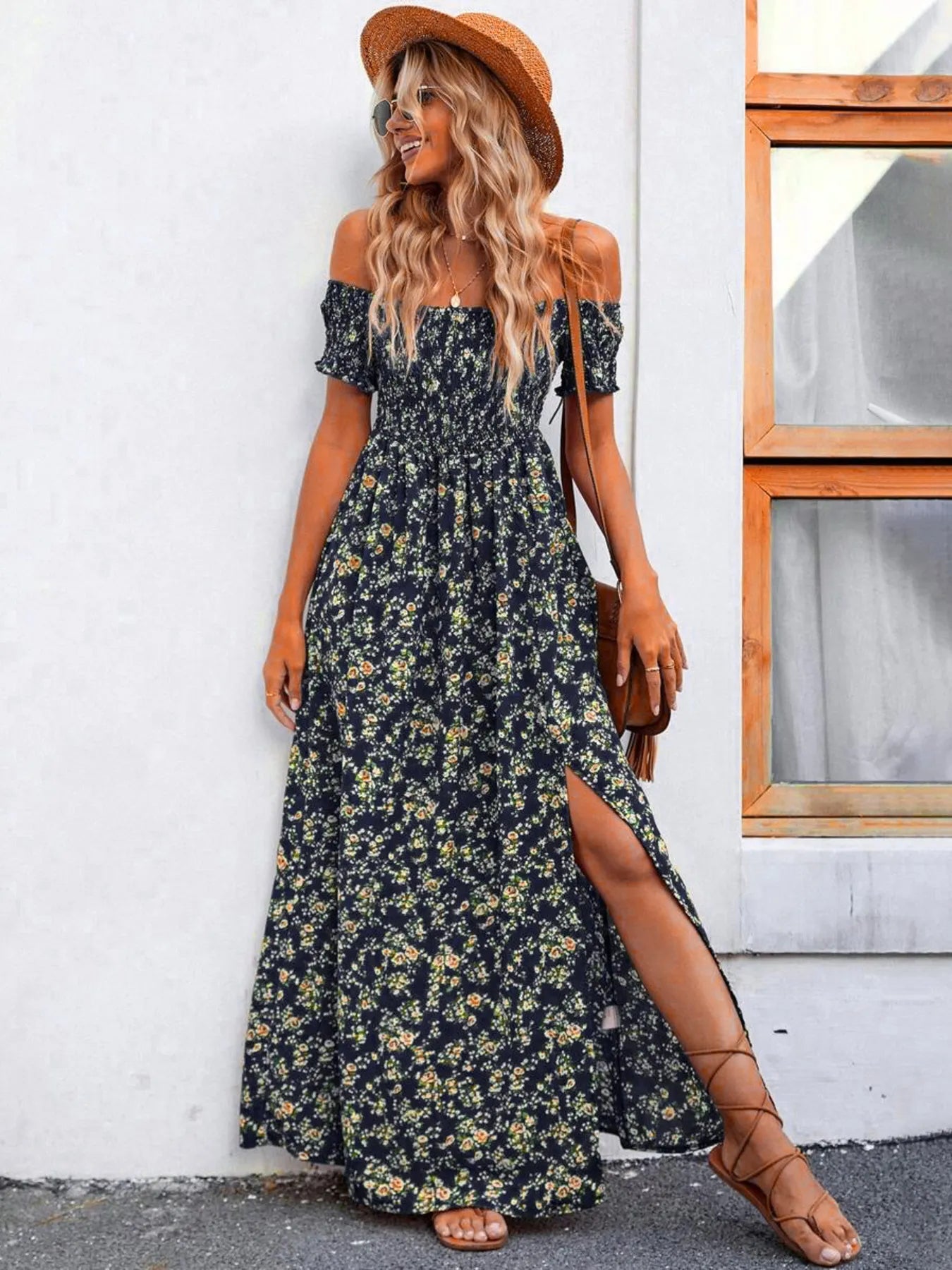 Full Size Slit Off-Shoulder Floral Midi Dress Plus Size Trendsi