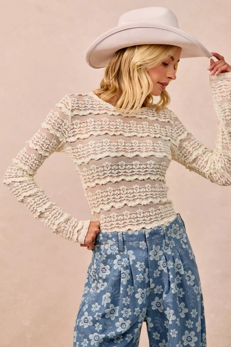 BiBi Ruffles Detail Flower Lace Top Trendsi