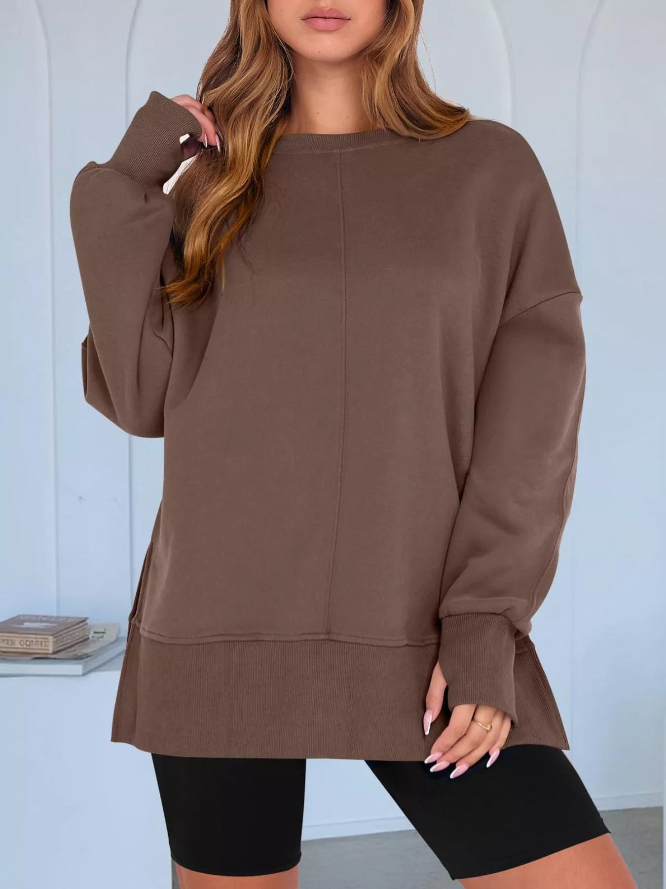 Side Slit Round Neck Long Sleeve Sweatshirt 