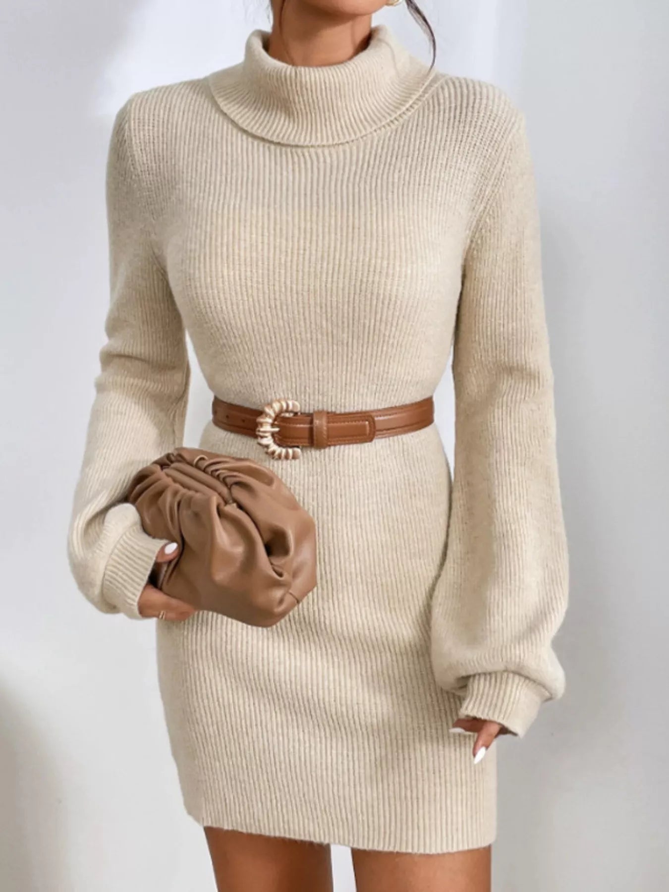 Turtleneck Ribbed Knit Sweater Dress Trendsi