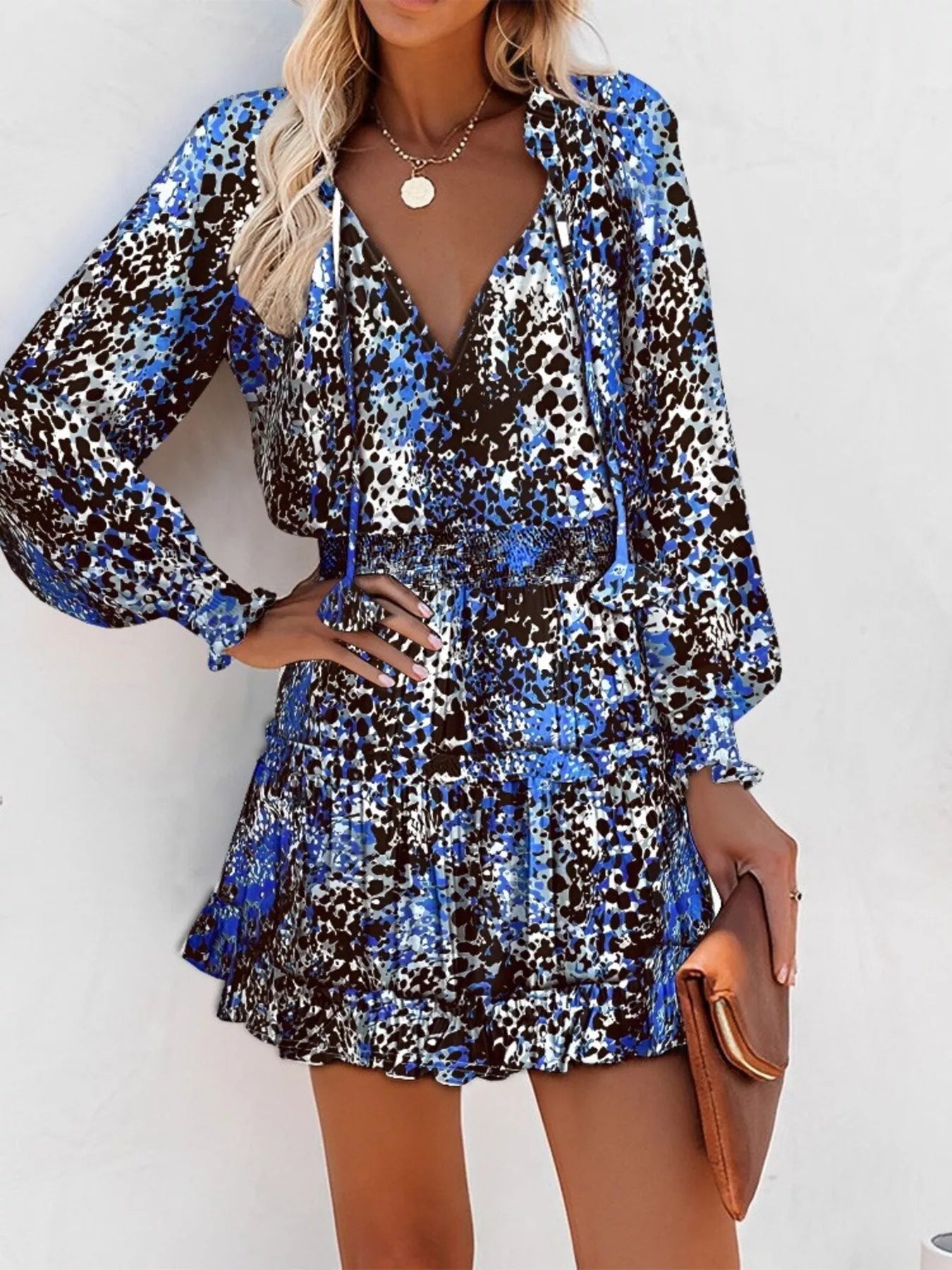 Tie Neck Lantern Sleeve Dress Trendsi
