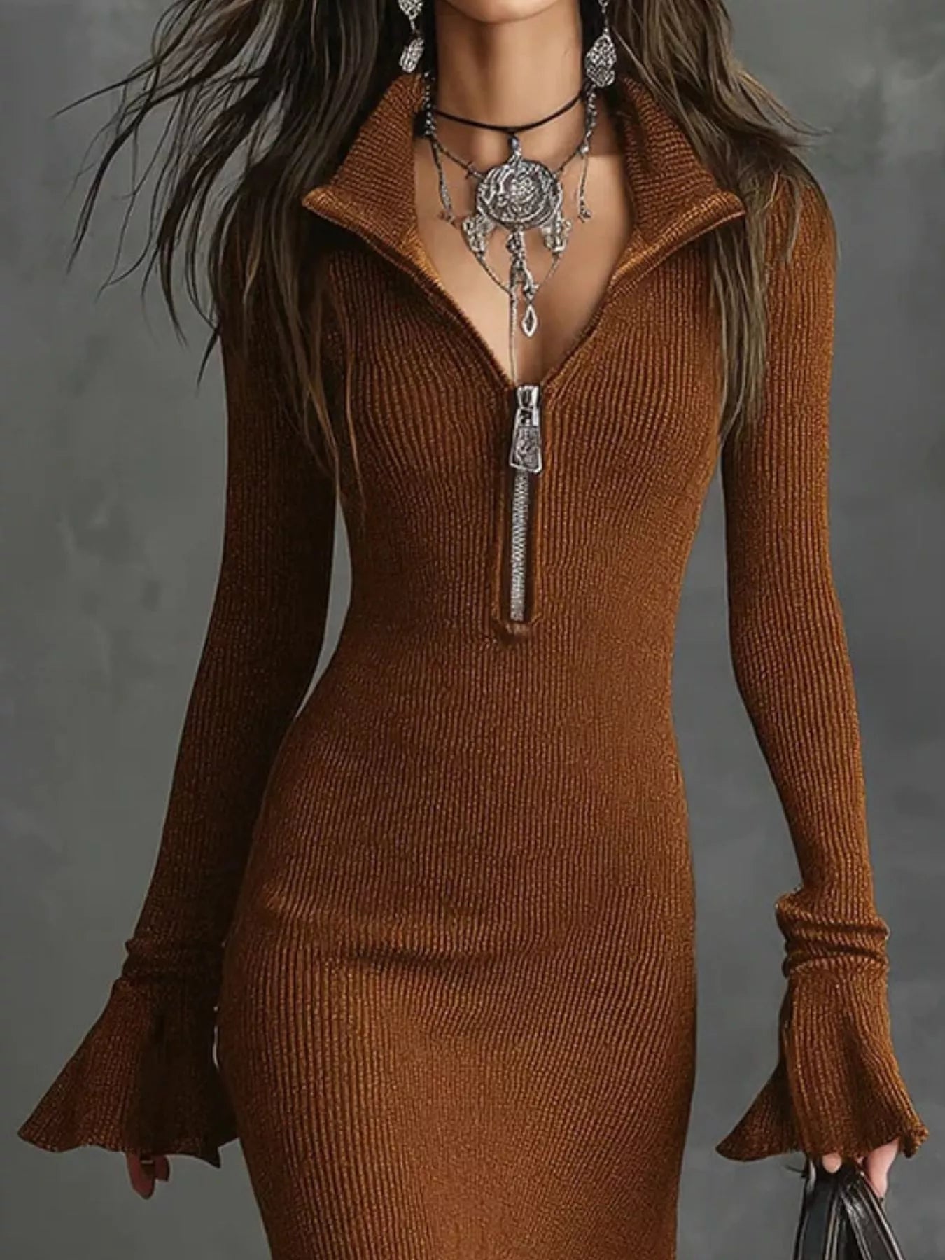 Ribbed Knit Zip Front Flare Hem Midi Dress 