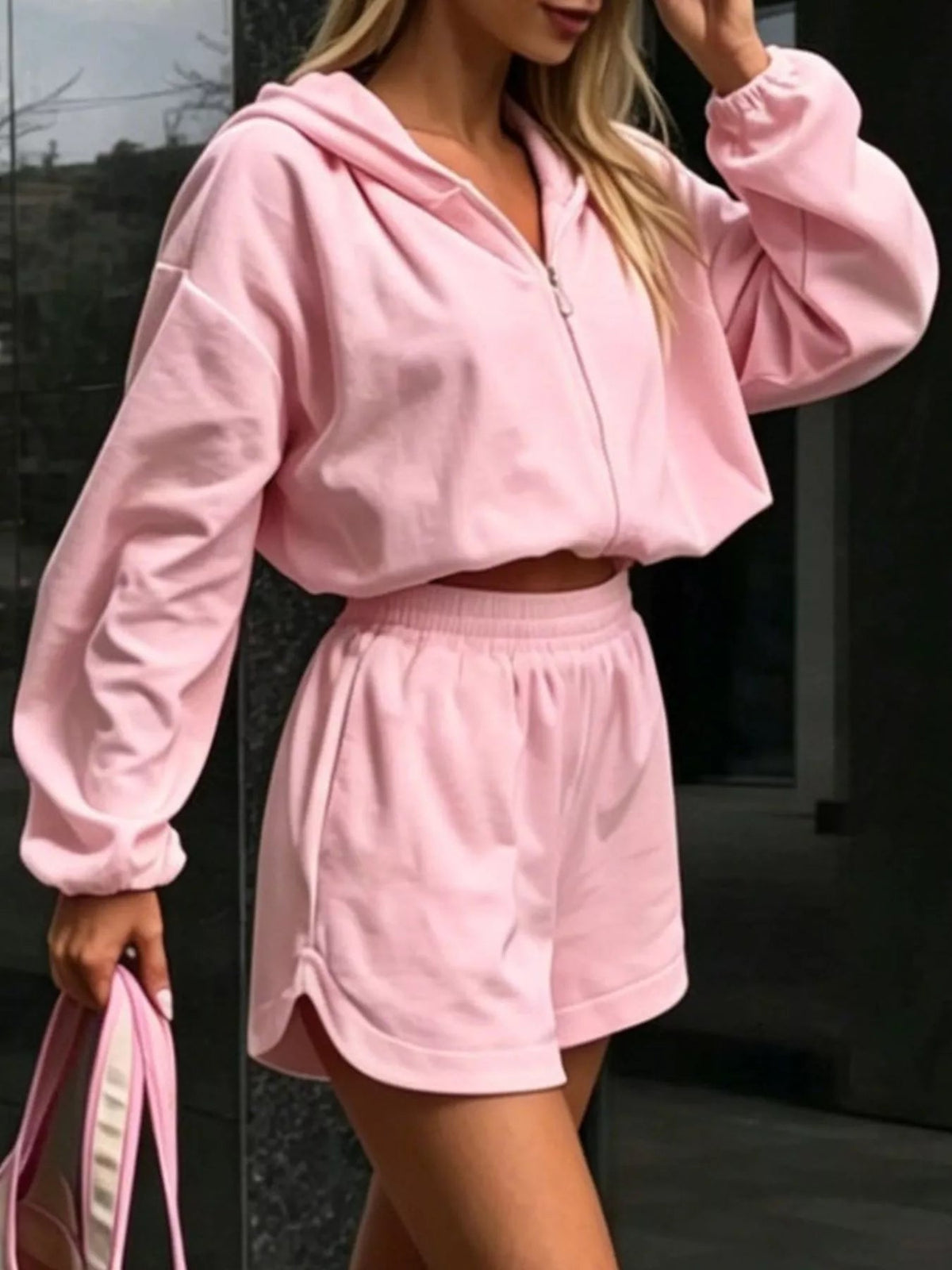 Zip Up Crop Hoodie and Shorts Set Trendsi