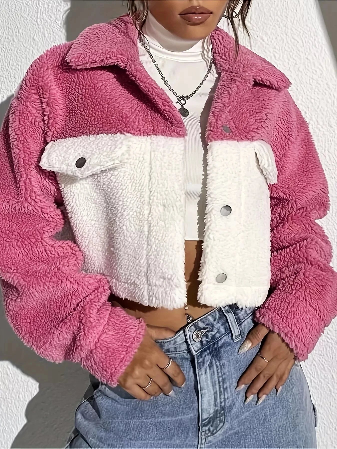 Two-Tone Plush Cropped Jacket 