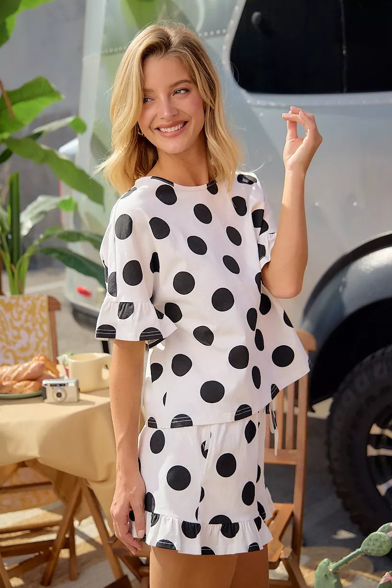 BiBi Polka Dots Printed Ruffled Detail Top And Shorts Set Trendsi