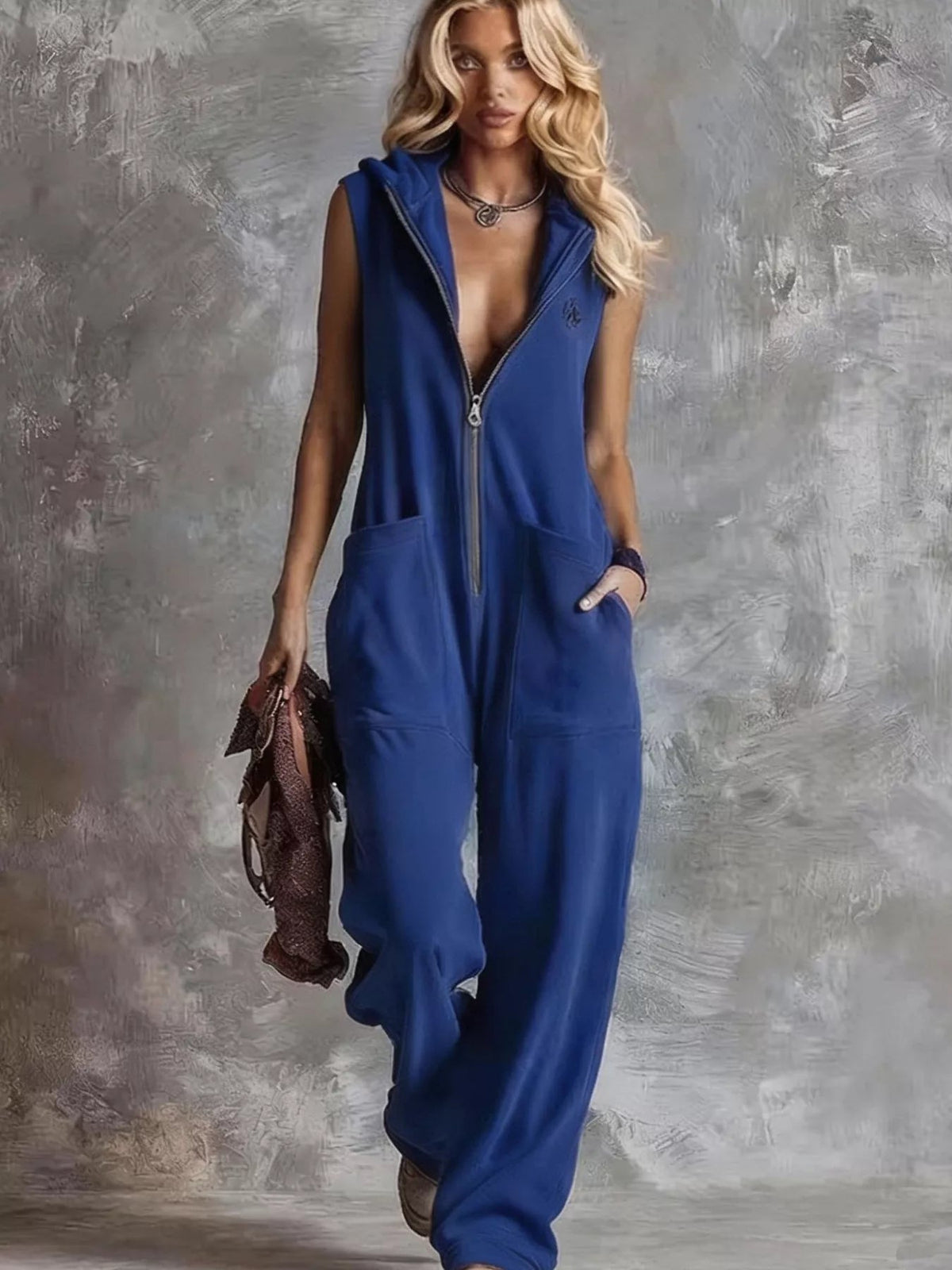 Sleeveless Hooded Zip-Front Casual Jumpsuit Trendsi