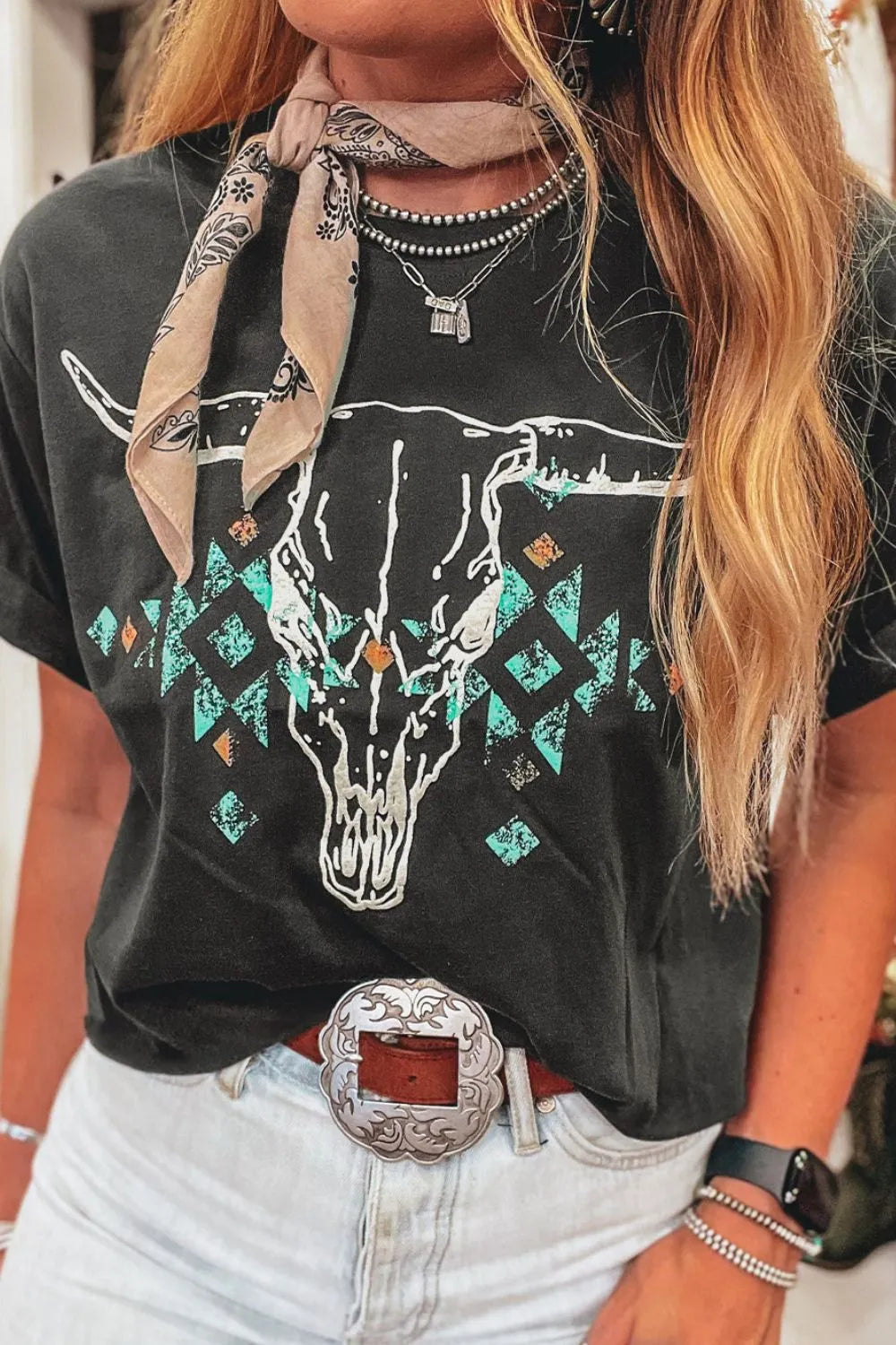 Bull Head Skull Round Neck Short Sleeve T Shirt Trendsi