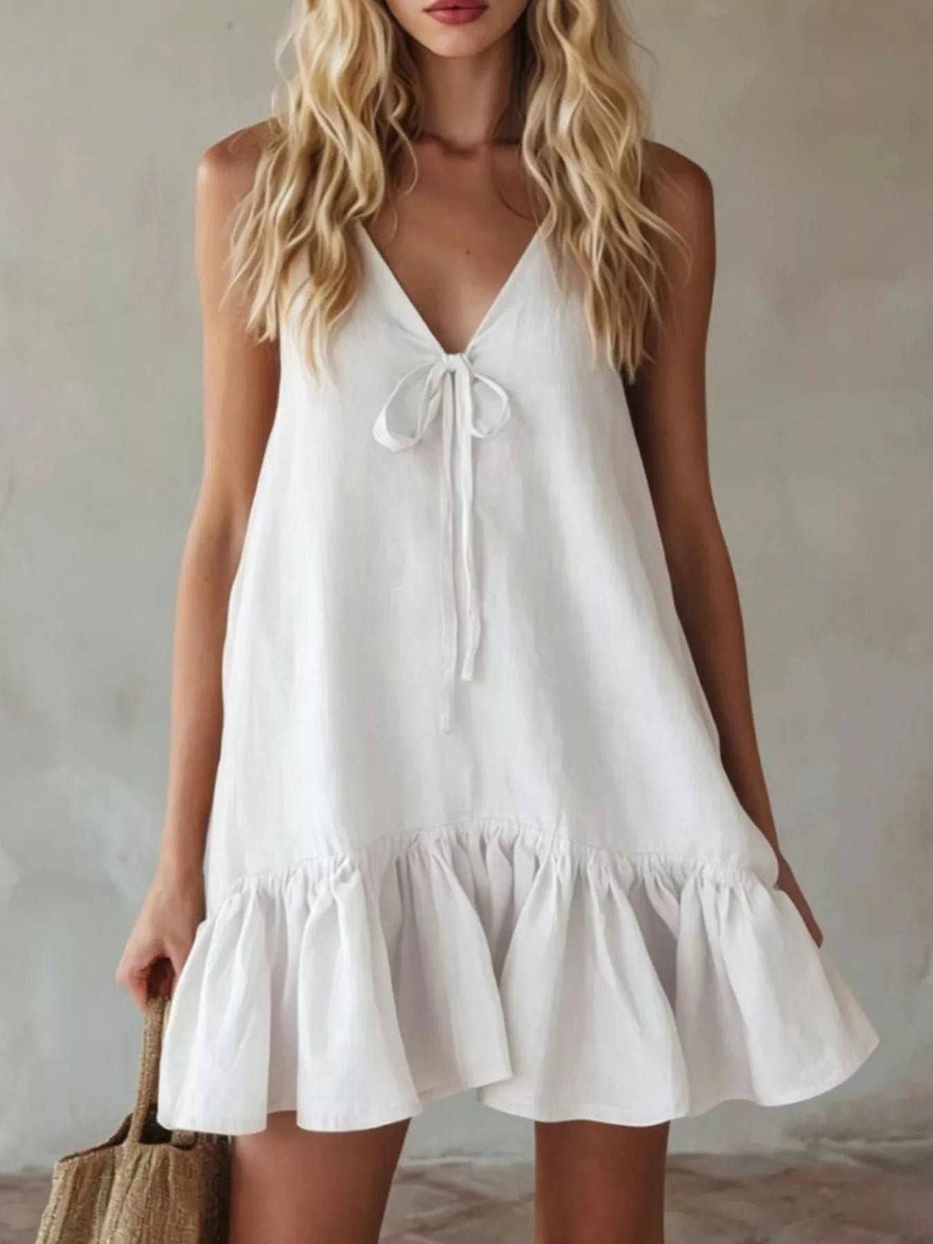 V-Neck Tie Front Ruffle Hem Mini Dress Luckygirlsclothingcompany.com