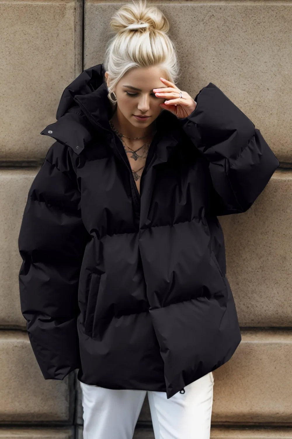 Pocketed Zip Up Hooded Puffer Jacket Trendsi