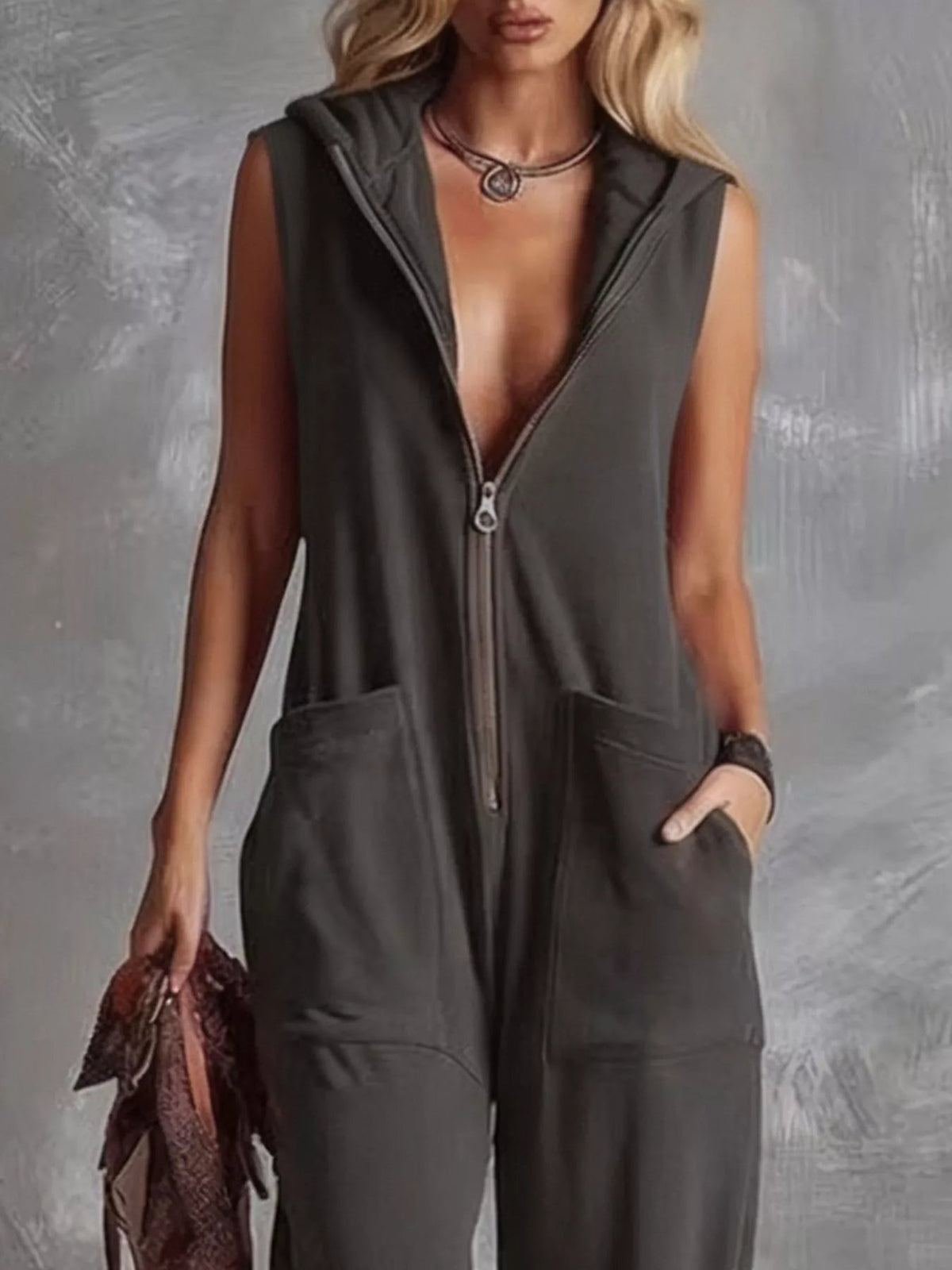 Sleeveless Hooded Zip-Front Casual Jumpsuit Trendsi